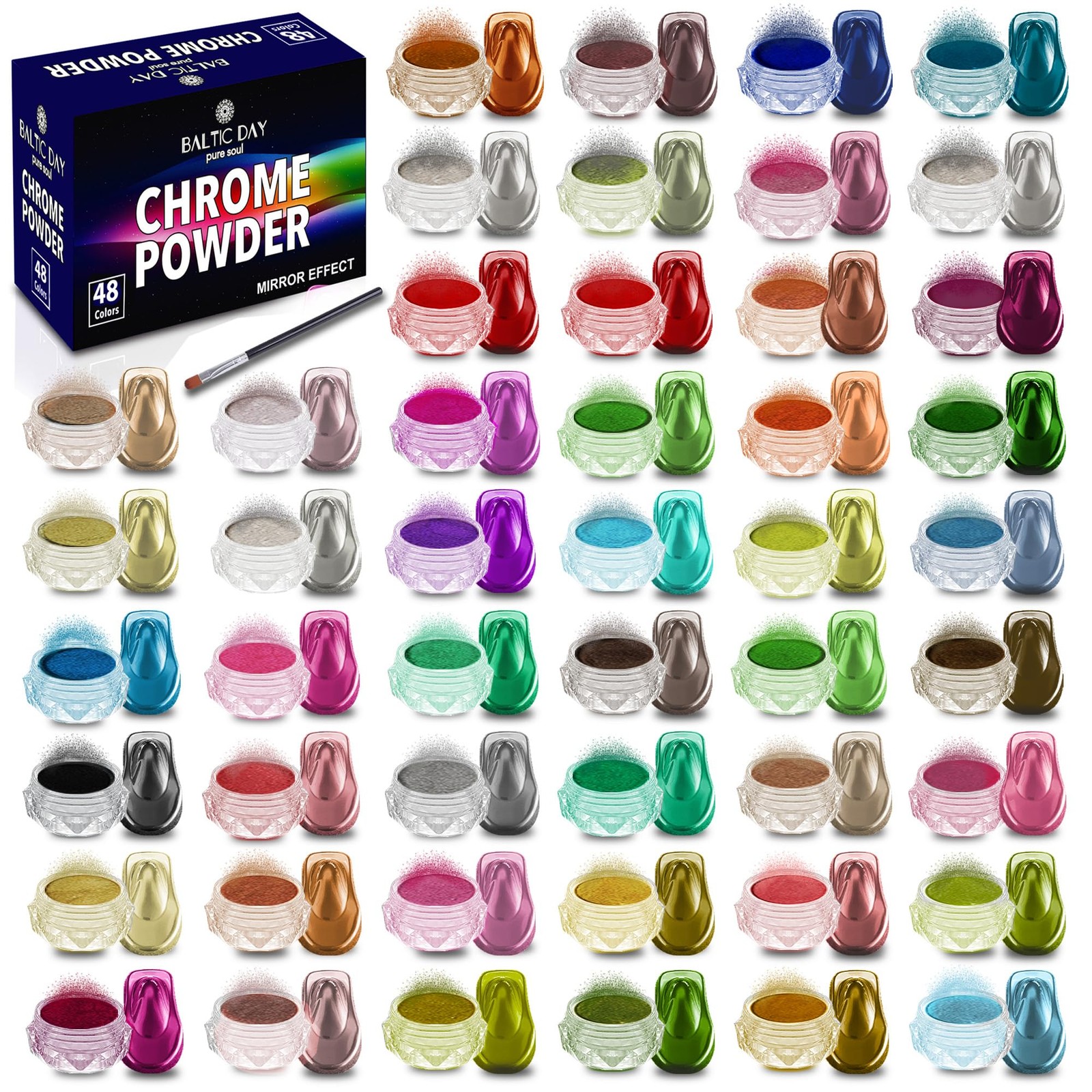 BALTIC DAY Chrome Powder 48 Color Set Nails Resin Metallic Mica Pigment Kit