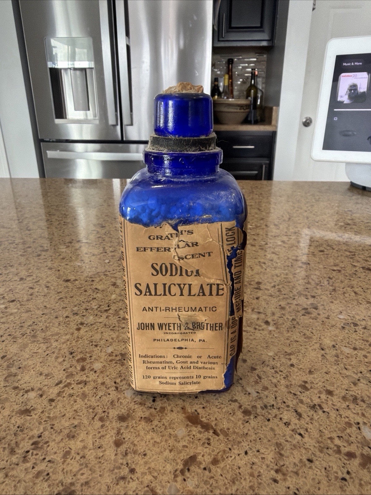 Antique C1899 Sodium Salicylate Cobalt Glass Bottle w dose cap Paper Label