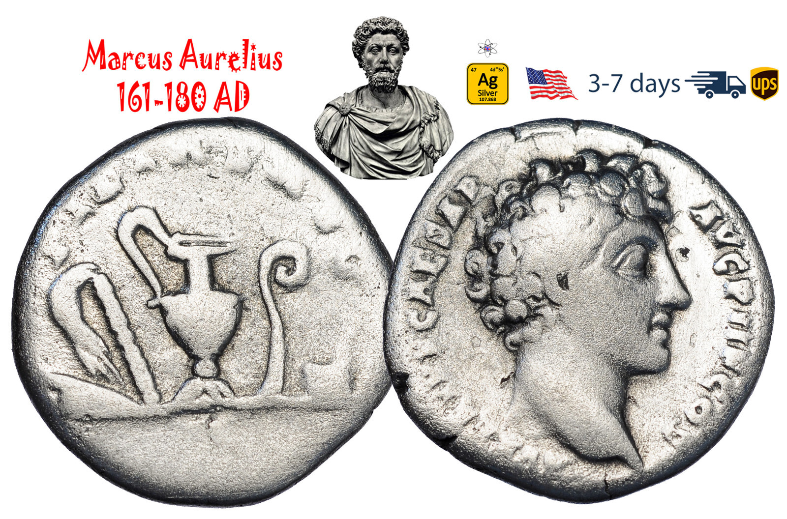 Ancient Roman Empire Coin Silver Denarius Marcus Aurelius 161 180 AD #33378
