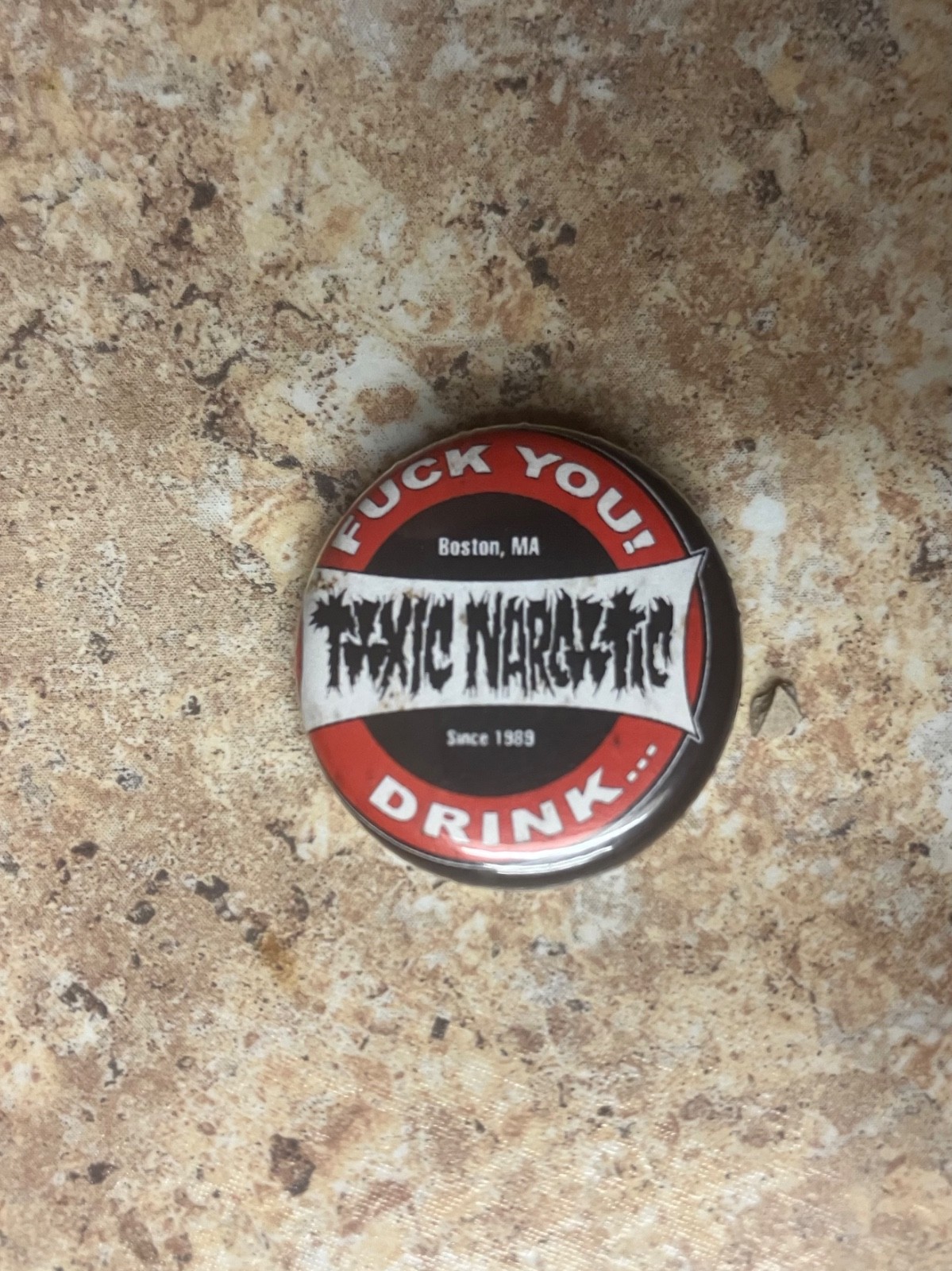 Vintage Toxic Narcotic Boston crust punk 1997 tour off center button pin RARE!!!