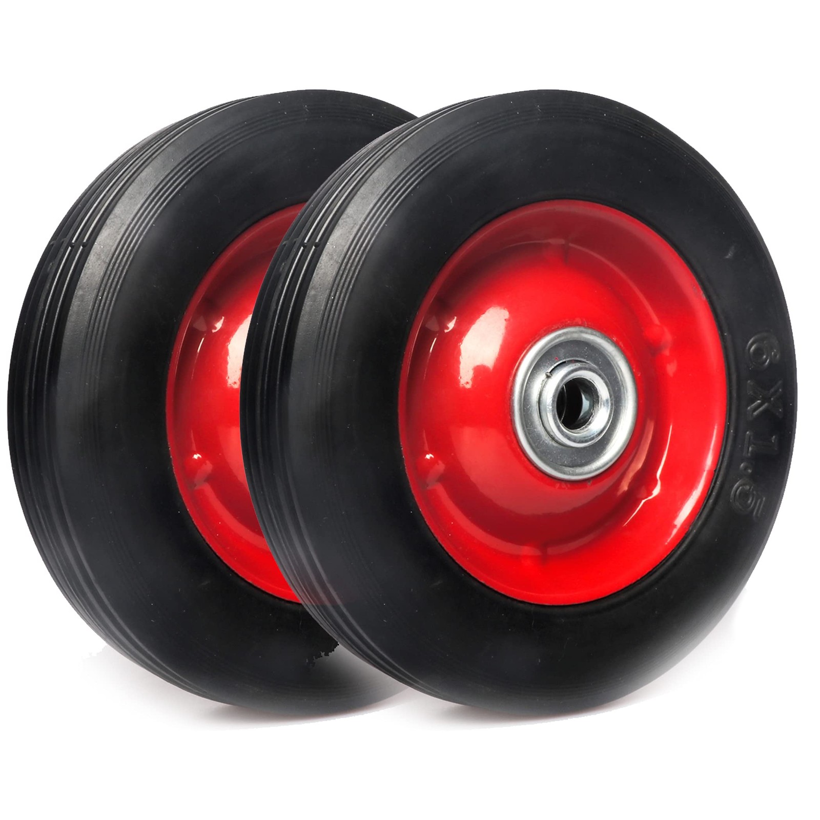 (2-Pack) AR-PRO 6” x 1.5” Flat Free Solid Rubber Wheel 1/2", Black, Metallic 