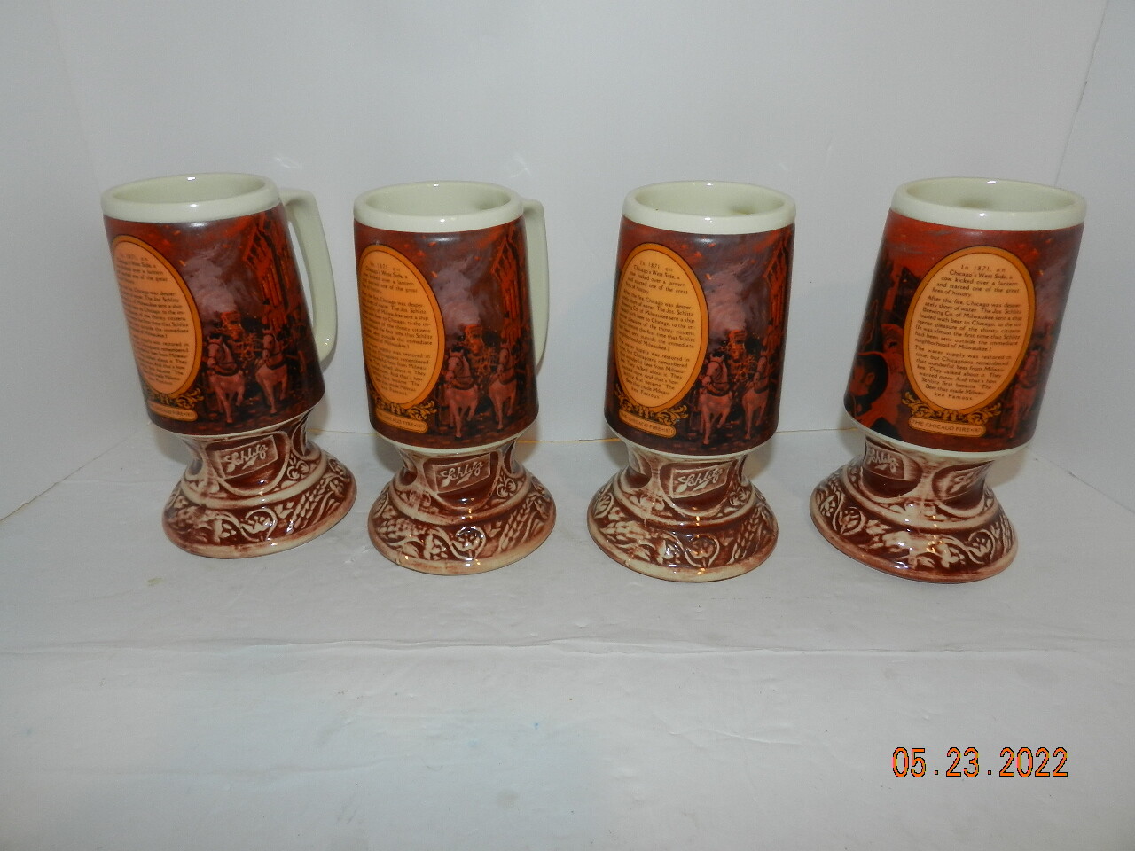 Four (4) Vintage Schlitz Beer Chicago Fire Themed  Pottery Mugs Steins