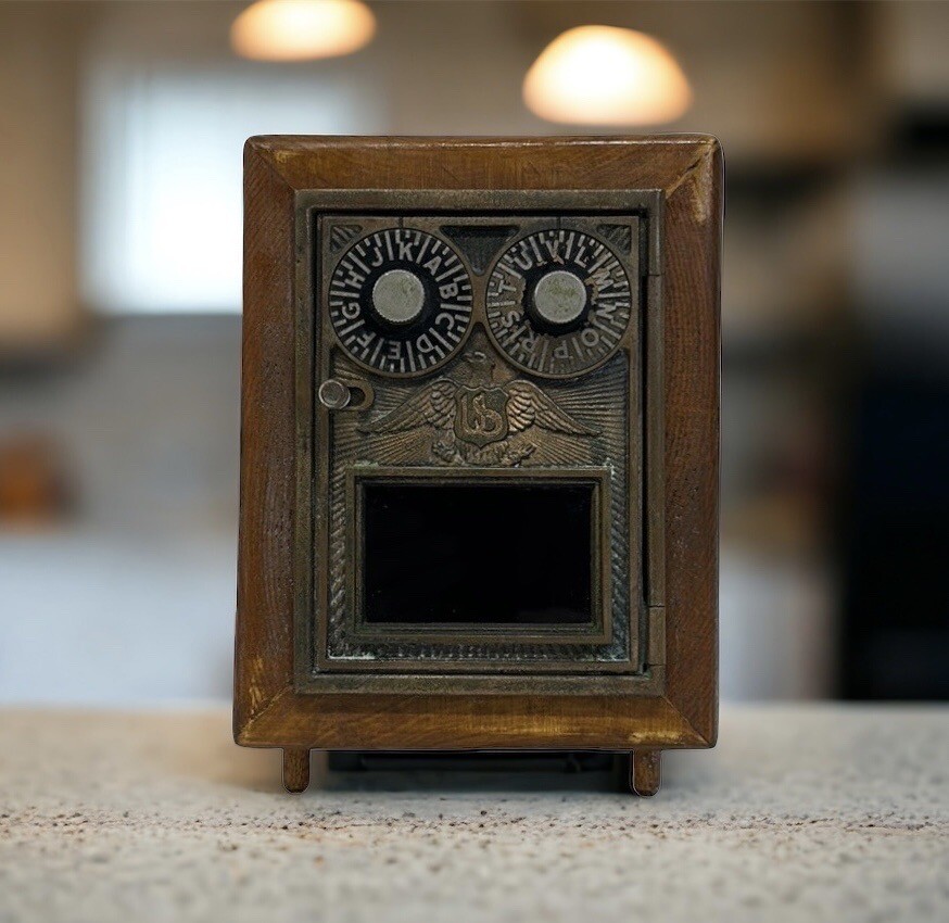 Antique Post Office Double Eagle Dial Door Coin Bank Wooden Box 7" x 5" x 6.5"