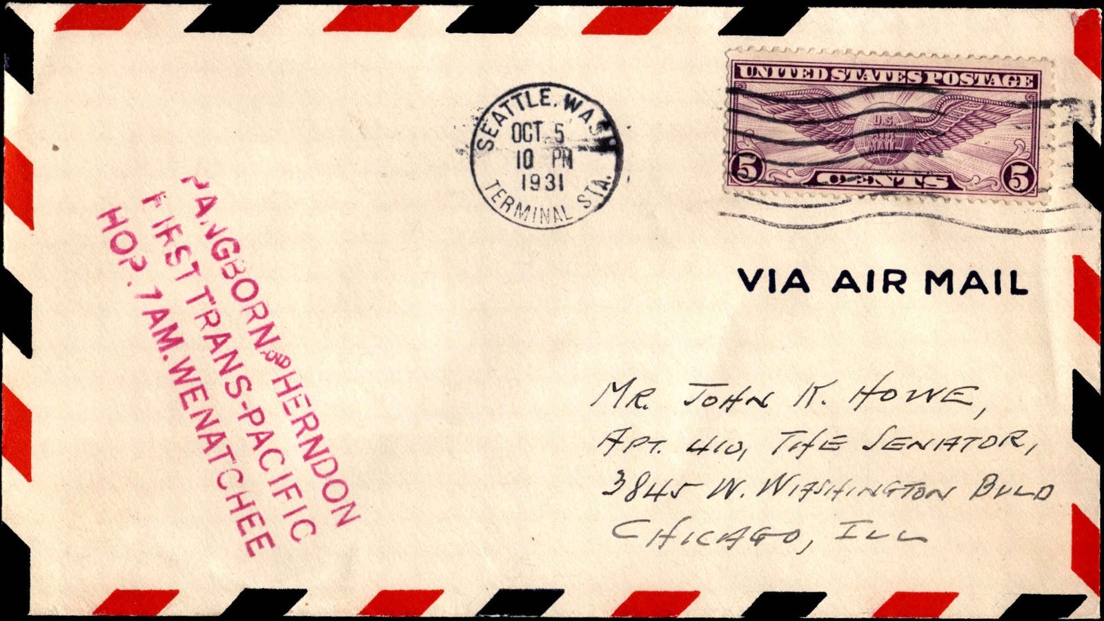1931 U.S. Trans-Pacific Airmail Cover Seattle Washington Terminal Station