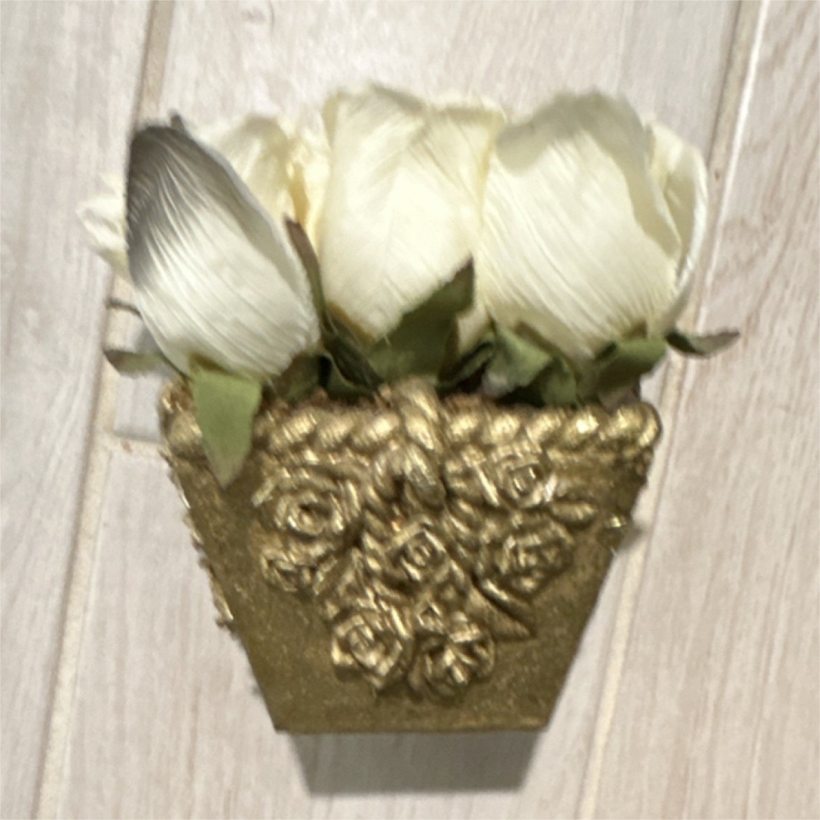 TD Designs Artificial White Rose Bush in Gold Vase, Model TD-049