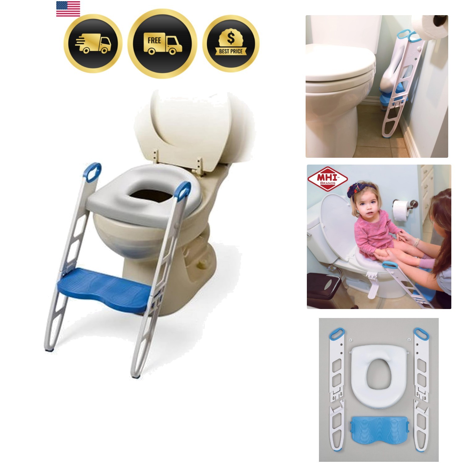 Contoured Cushie Step Up Potty Seat with Step Stool, Blue/Grey