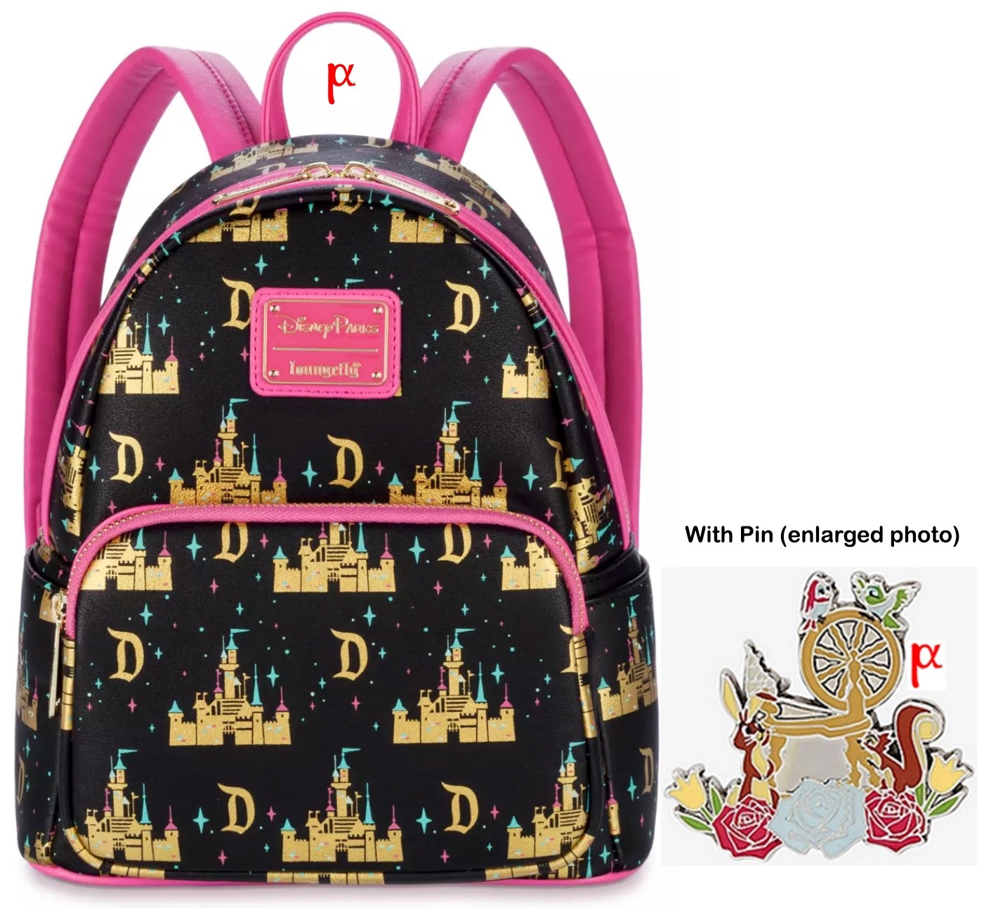 Loungefly Disney Sleeping Beauty Disneyland Parks Castle Backpack and Wheel Pin