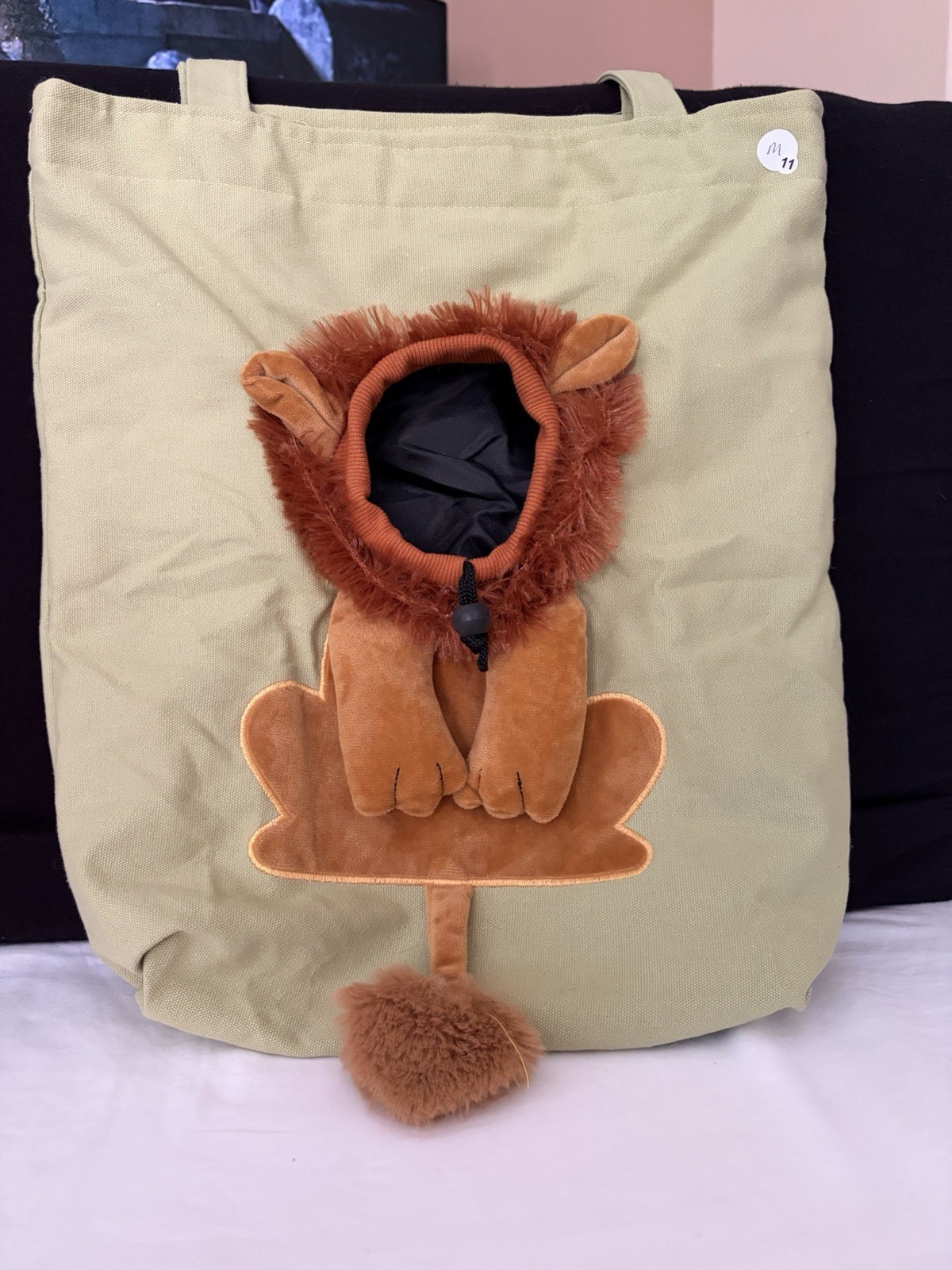 Beige Brown Lion Applique Shoulder Bag Faux Fur Drawstring Zip Closure
