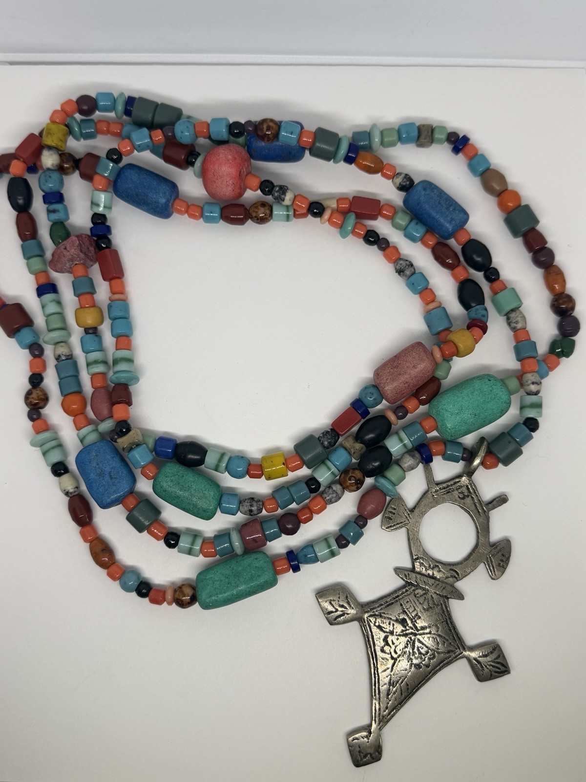 Vintage 68” Boho Mixed Beads Necklace Large Tuareg Desert Cross Pendant