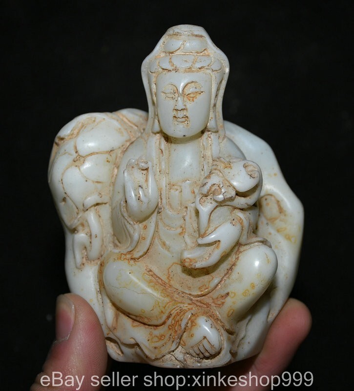 4" Chinese Natural White Jade Carving Kwan-yin Guan Yin Goddess Statue