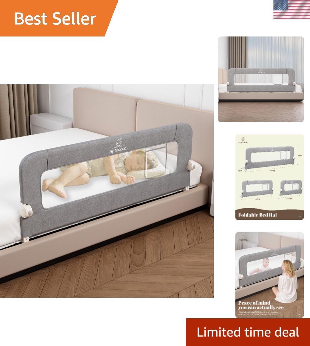 59" Upgraded Bed Rail for Toddlers with U-Shape Base, Toddler Bed Rails with ...