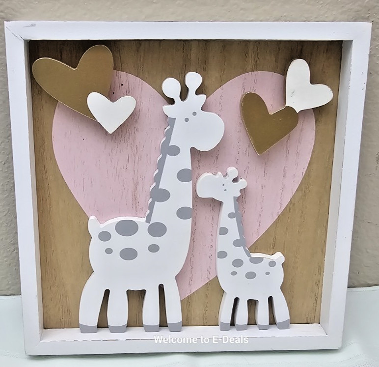 3D Wooden Giraffe & Baby Wall Decor Pink Heart Safari Nursery Sign 12" Square GA