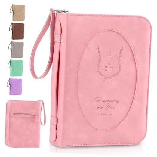 Leather Bible Cover for Women – Large Large (10.5 x 7.6 x 2.1 inches) Pink