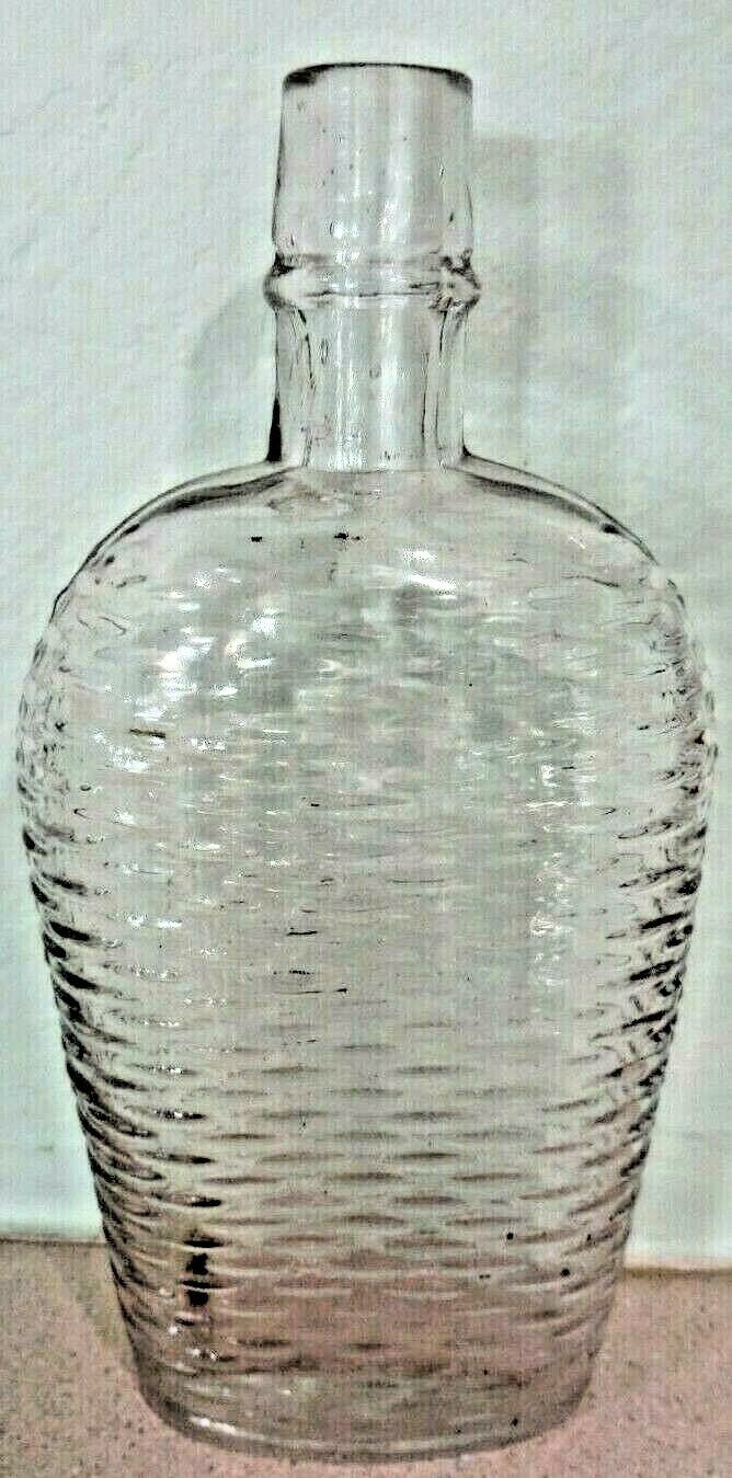 antique basket weave long neck flask clear glass bottle 7 3/4 x 4 inches