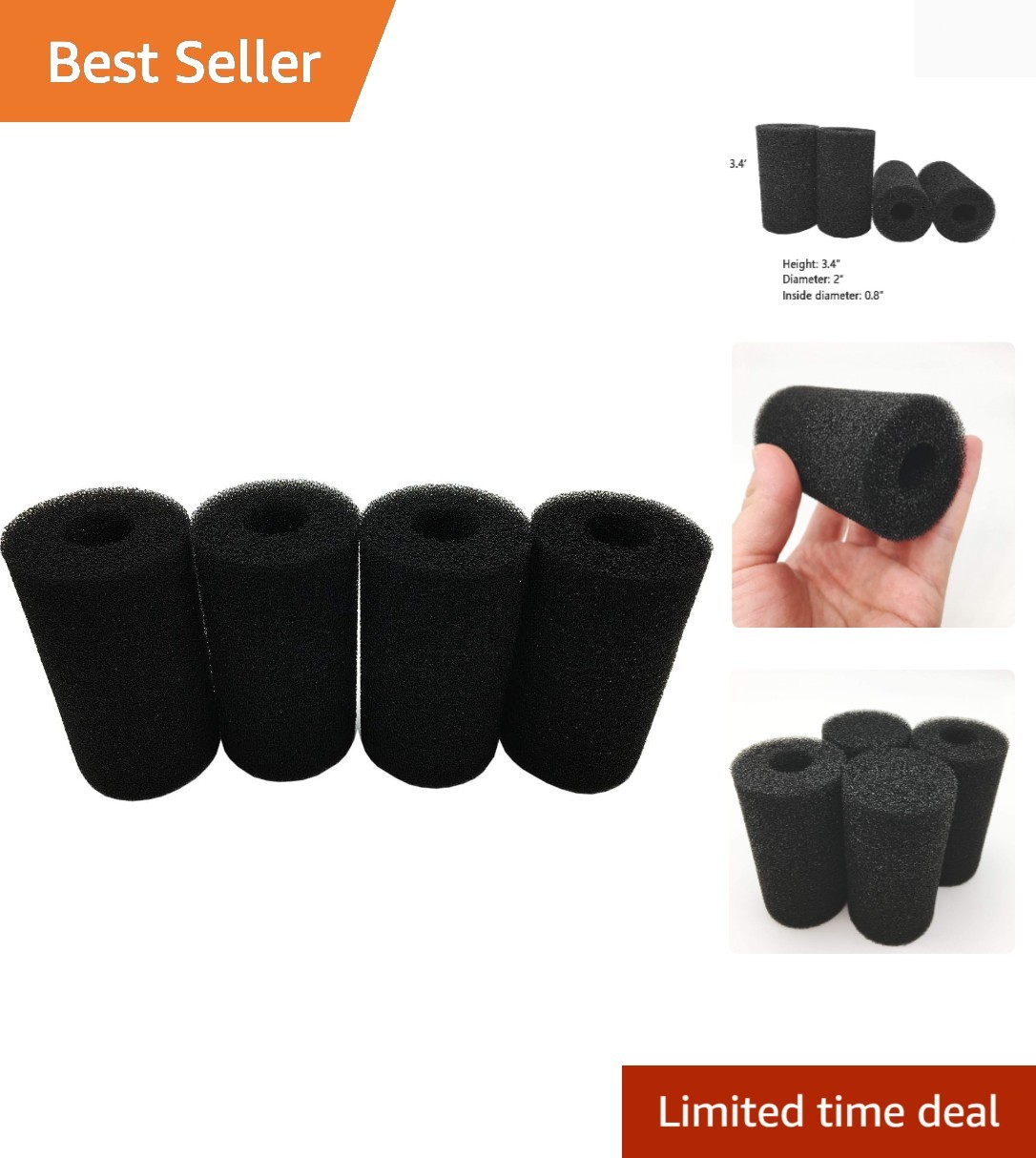 4 Large Pre-Filter Sponges for Fish Tanks - Effective Water Flow, 3.4x2 Inch