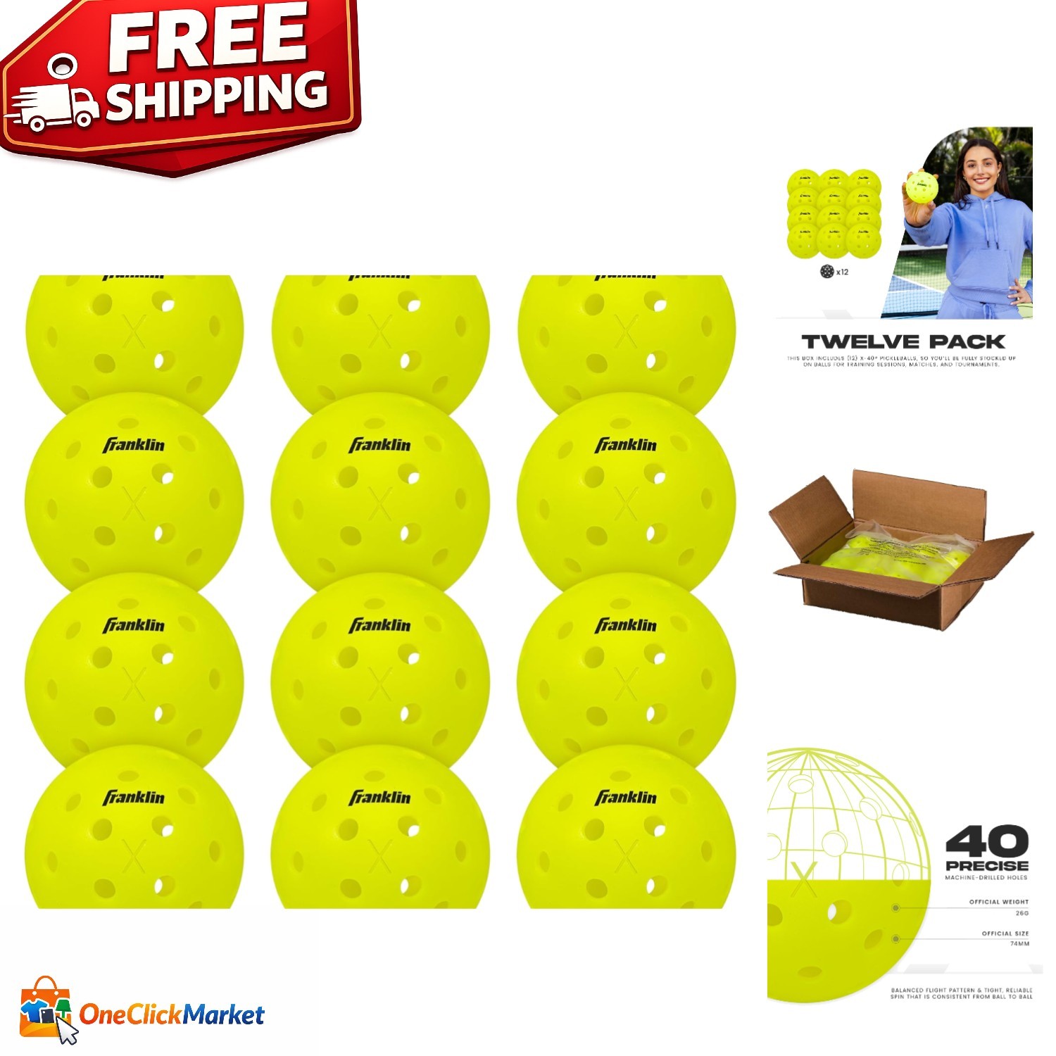 Official USA Pickleball Approved X-40 Outdoor Pickleballs - 12 Pack - Yellow