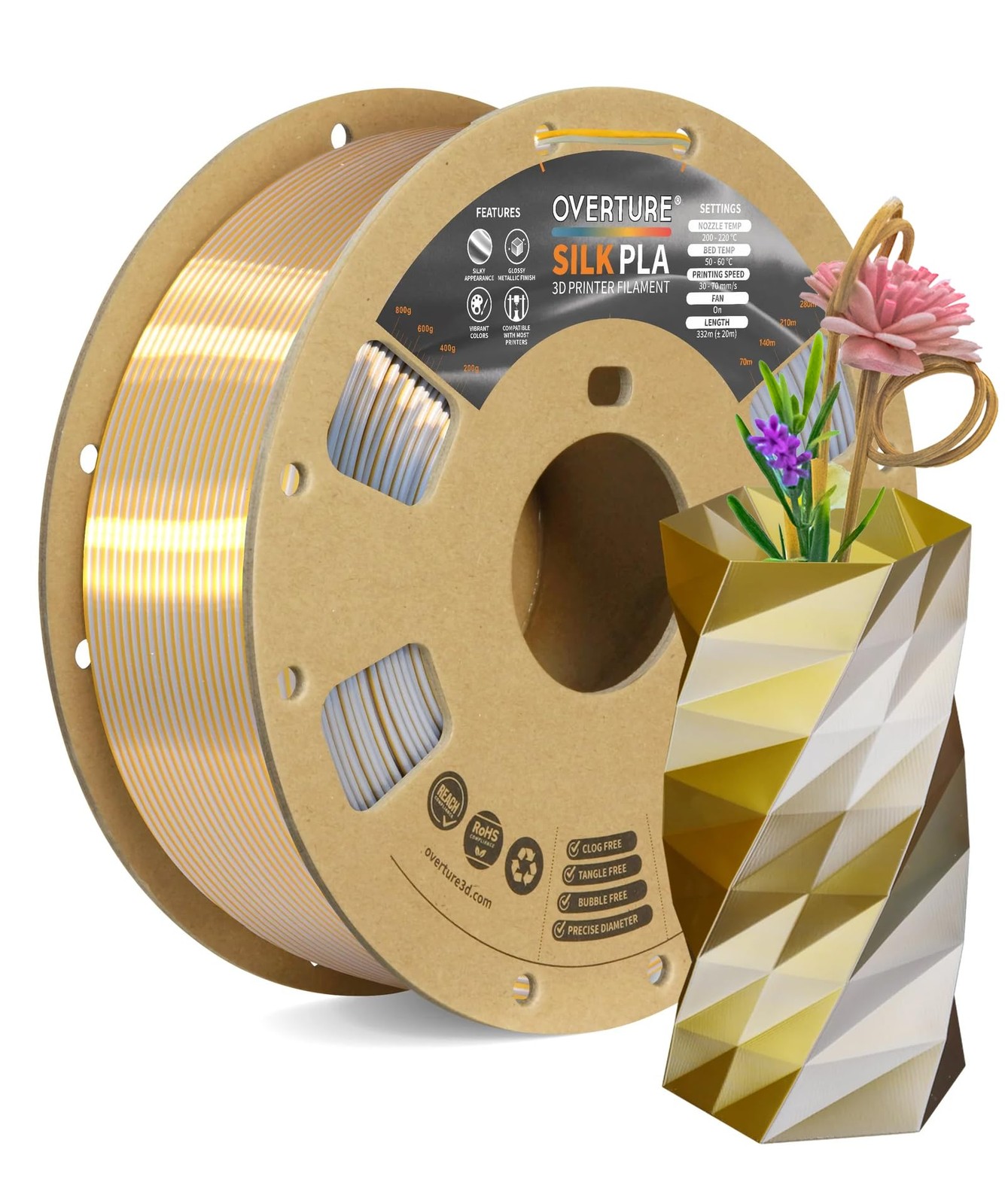 Silk PLA Dual Color Filament 1.75mm 1kg 2lb Bi Shiny Finish OVERTURE