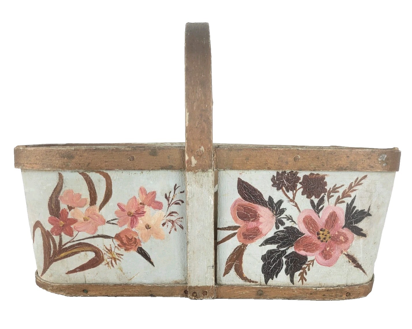 Antique c.1890 NEW ENGLAND FOLK ART OVAL BASKET HANDLE & FLORAL PAINT Primitive