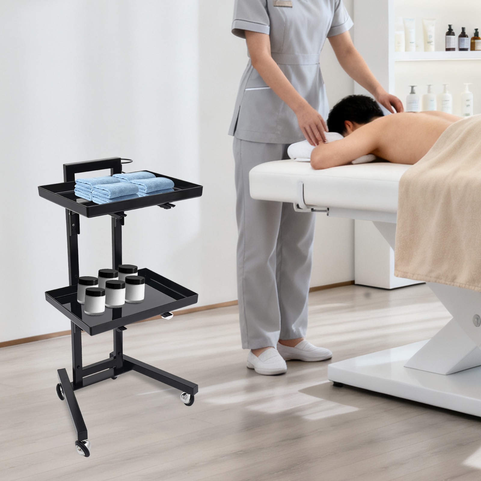 2-tier Salon Trolley Salon Rolling Cart w/Hairdryer Holder Trays and Wheels