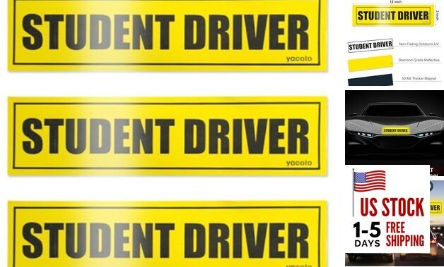 Set of 3 Student Driver Magnet - Reflective Student Sign for Car Black,yellow