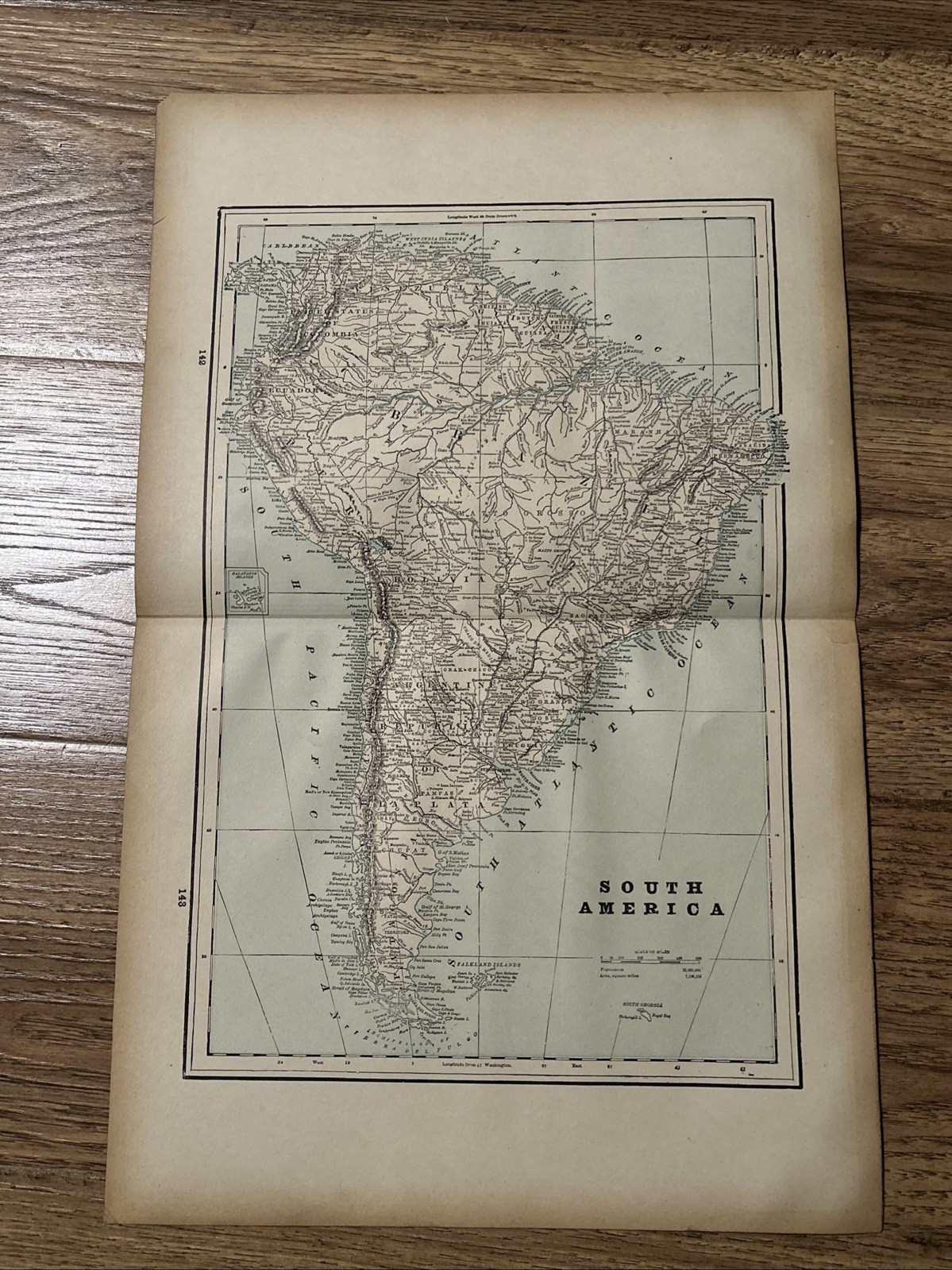 Large Antique 1893 Map Of South America 22”x14”