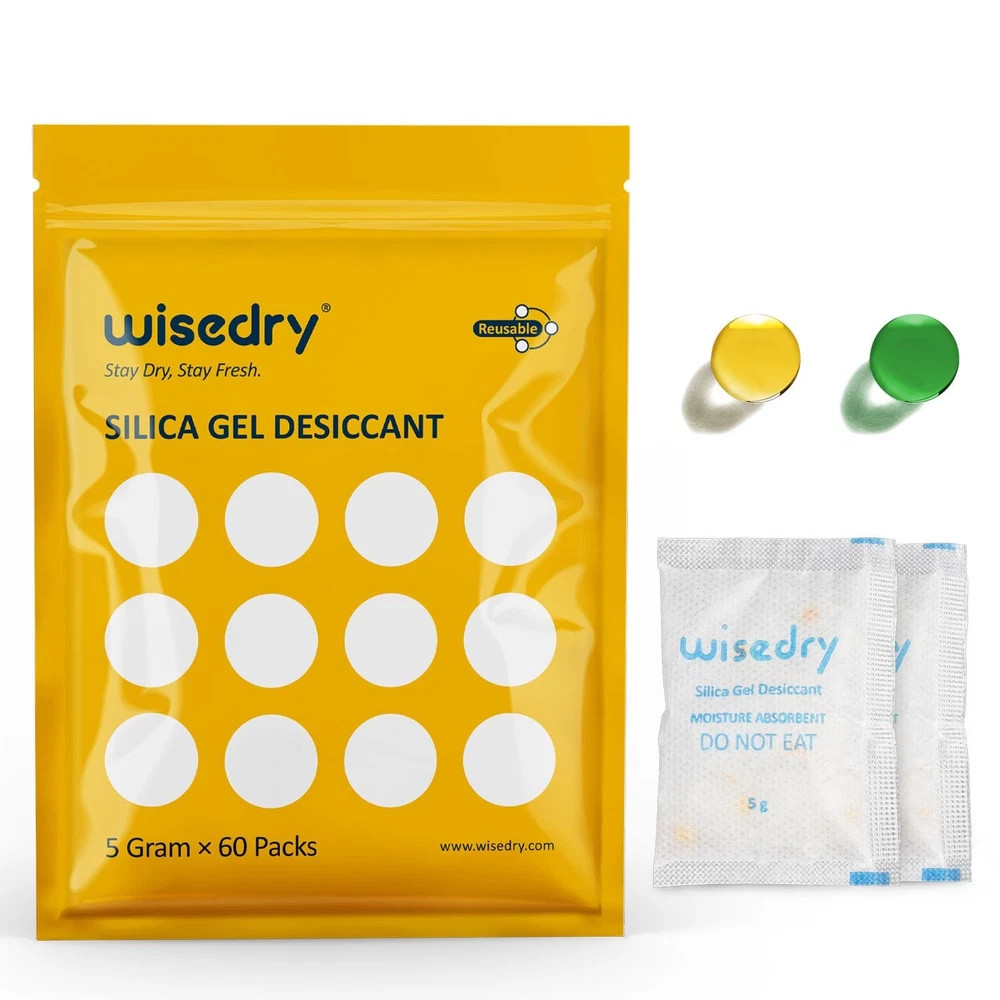 wisedry 5 Gram [60 Packs] Silica Gel Packets Rechargeable Desiccant Pouches