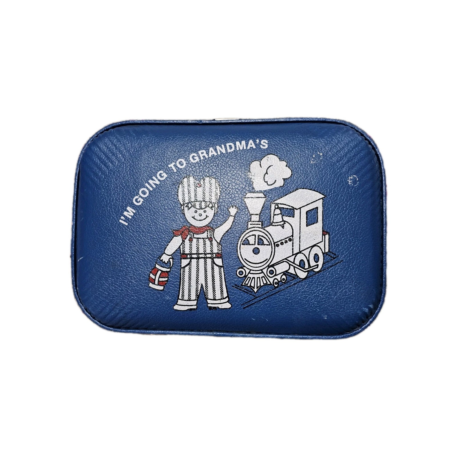 Vintage Small Blue Kids (Boy Train) "I'm Going to Grandma's" Hard Sided Suitcase