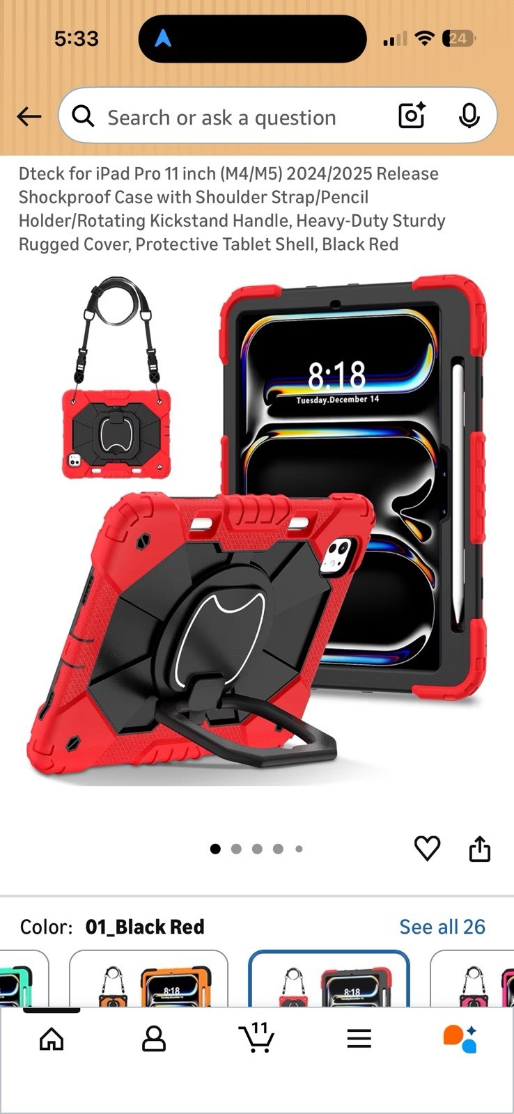 iPad Pro 11 Inch Shockproof Case 2024 Red/Black with Pencil Holder and Stand New