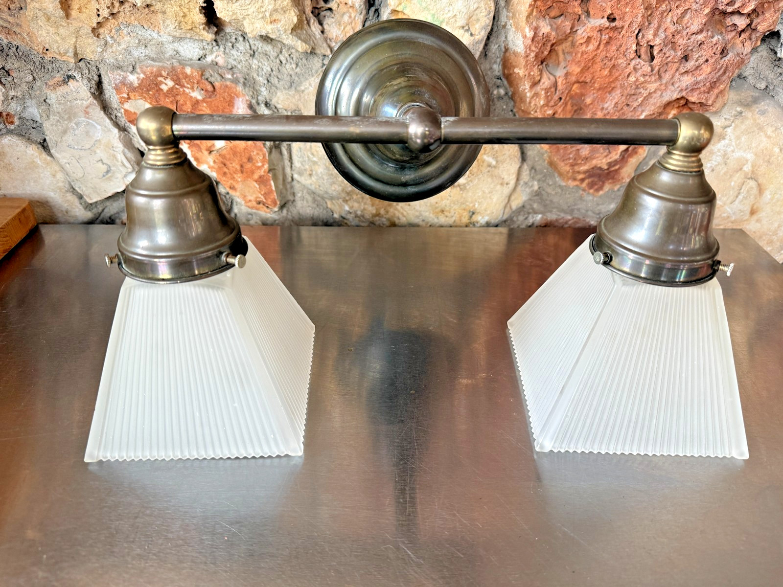 Vintage 1920s/Mission style Brass Double Sconce with shades