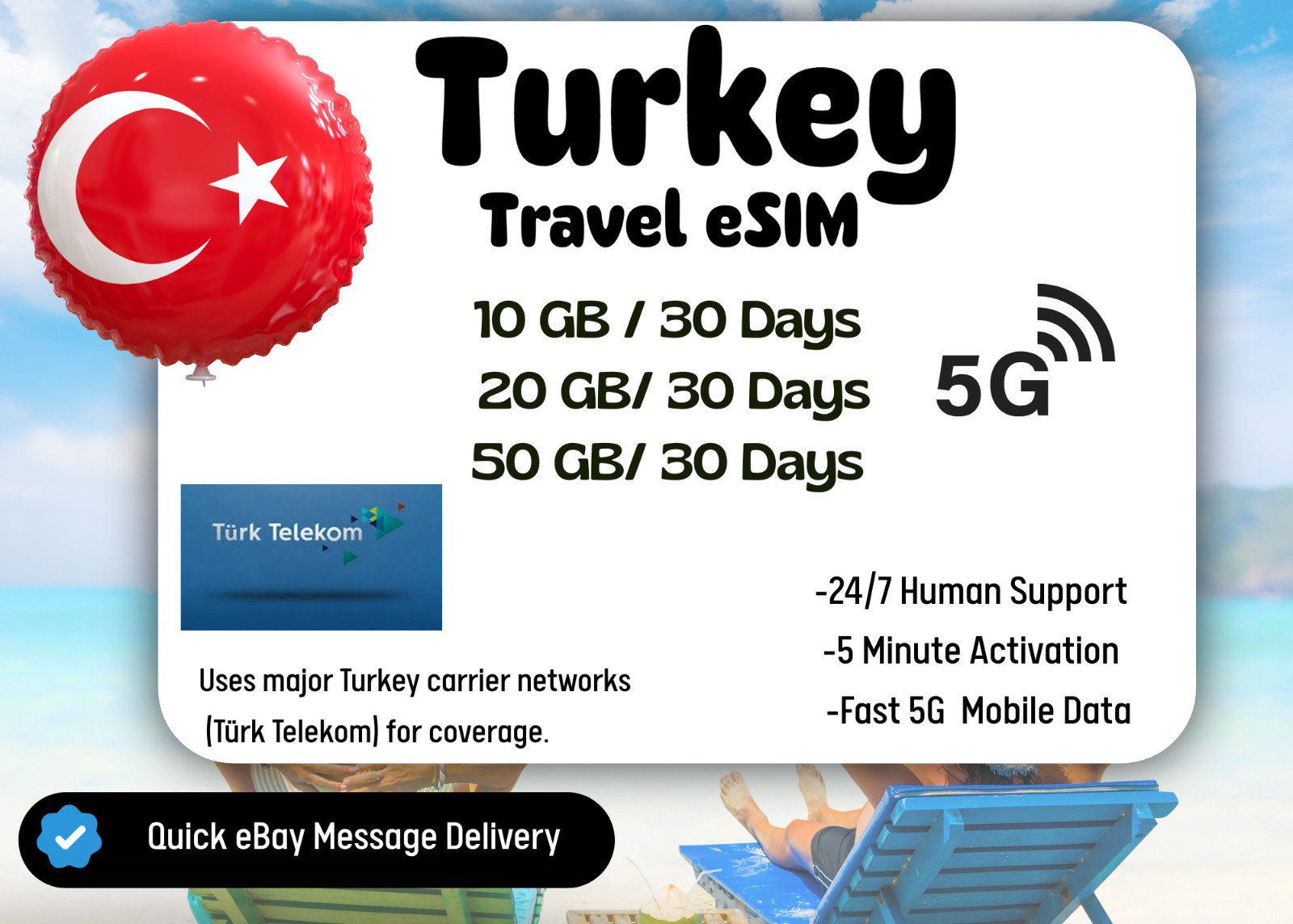 Turkey Travel eSIM Card,10- 50GB, 30Days,QR code,Same Day Delivery,Easy Setup