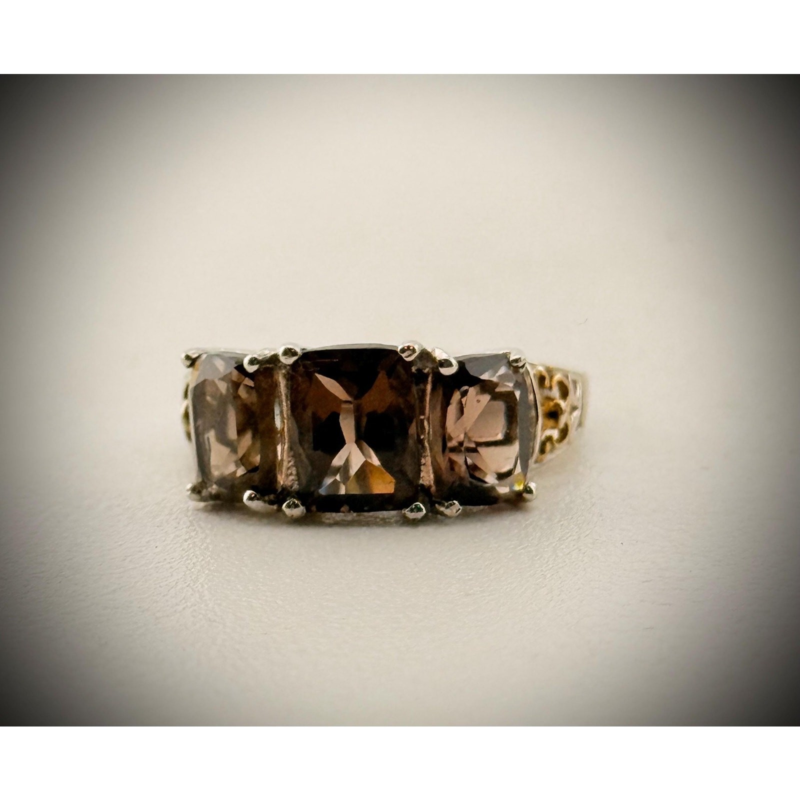 Sterling Silver Smoky Topaz Ring – 14K Gold Accents, Three Stone Design, Size 6