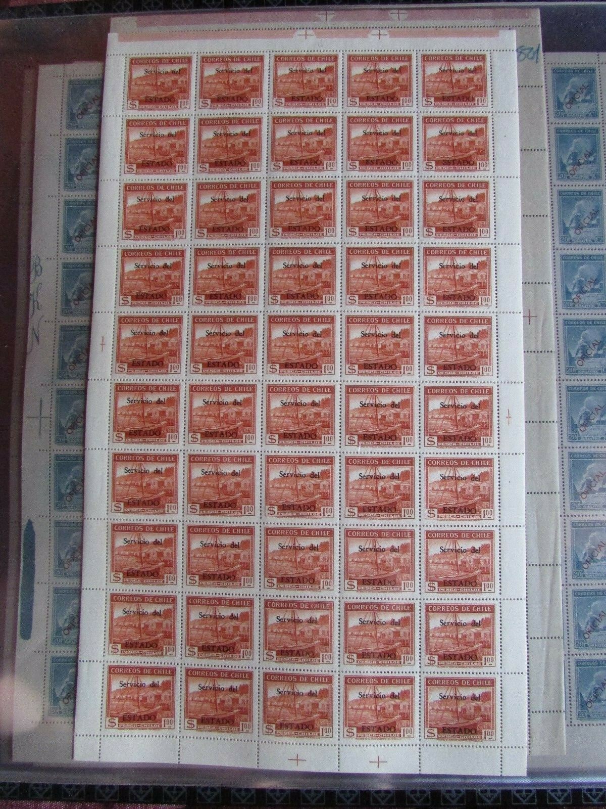 CHILE 1939 Full sheet Views Sights 1p OVERPRINT SERVICIO DEL ESTADO X-RARE MNH