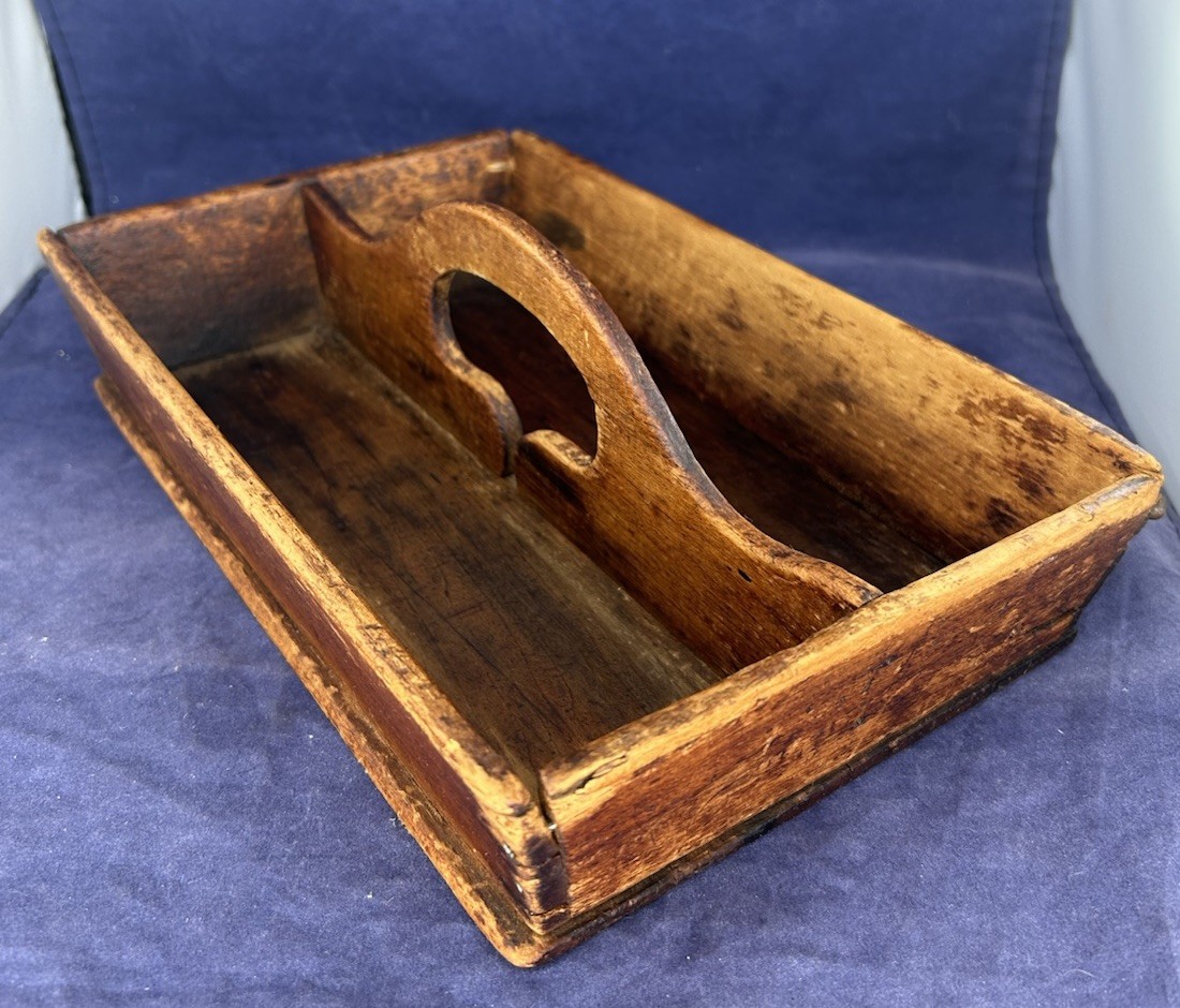 Antique Primitive Divided Wooden Tray Cut Out Handle Early Patina Tote Box