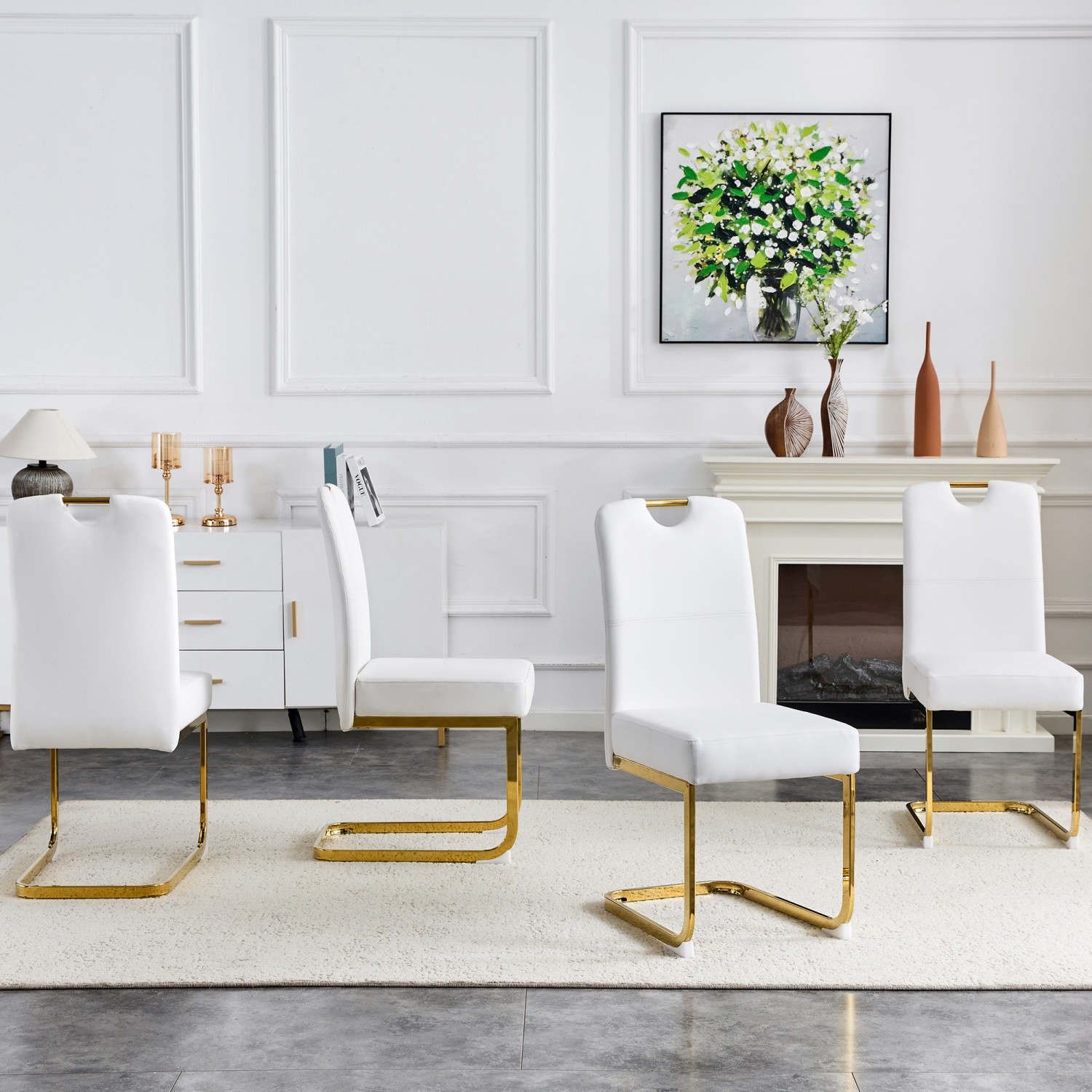 Set of 4 PU Leather Dining Chairs Upholstered High Back with Gold Metal Bow Legs