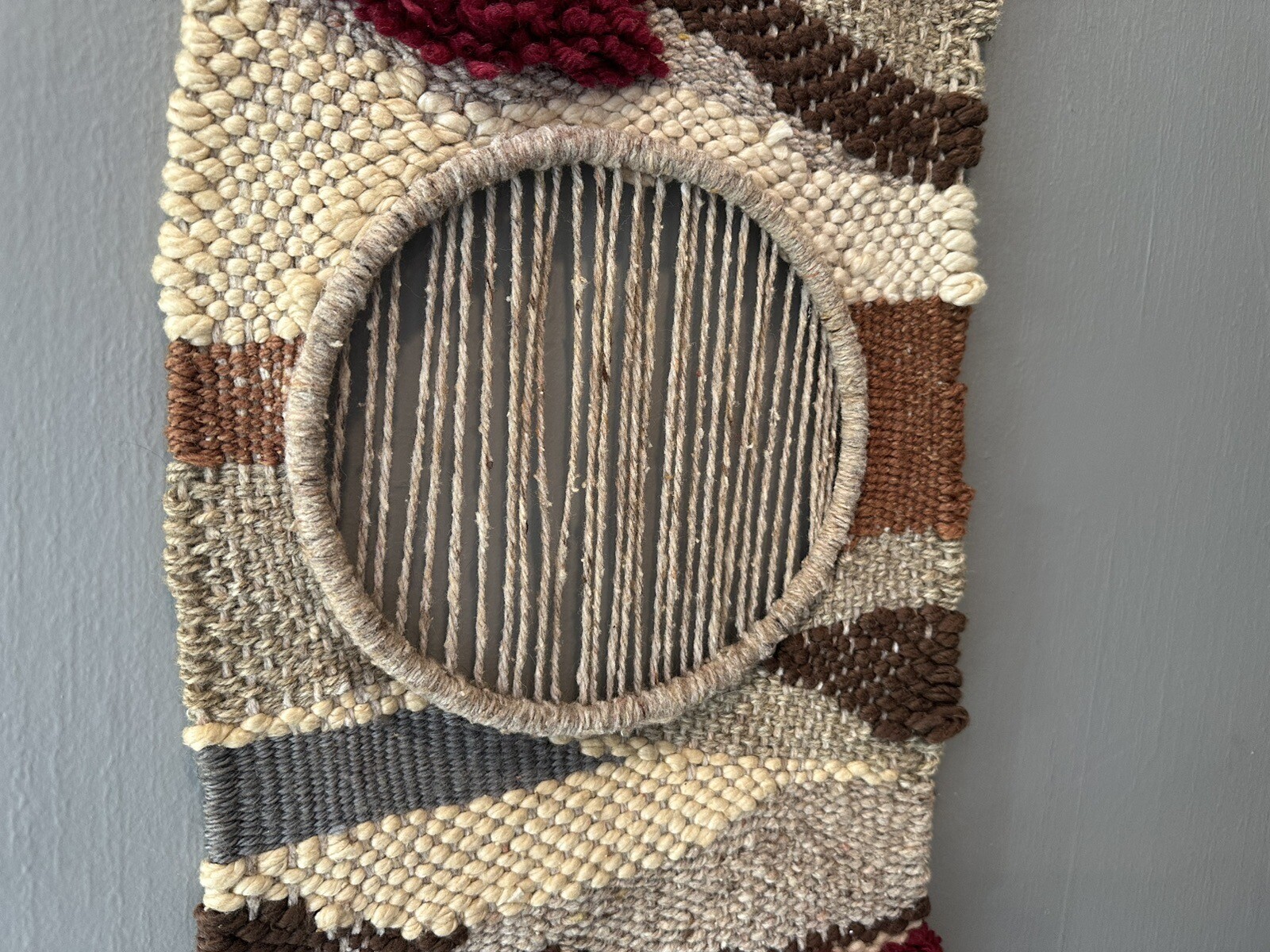 Vintage 1970s MCM Boho Woven Fiber Art Wool Tapestry Textile Wall Hanging Wood