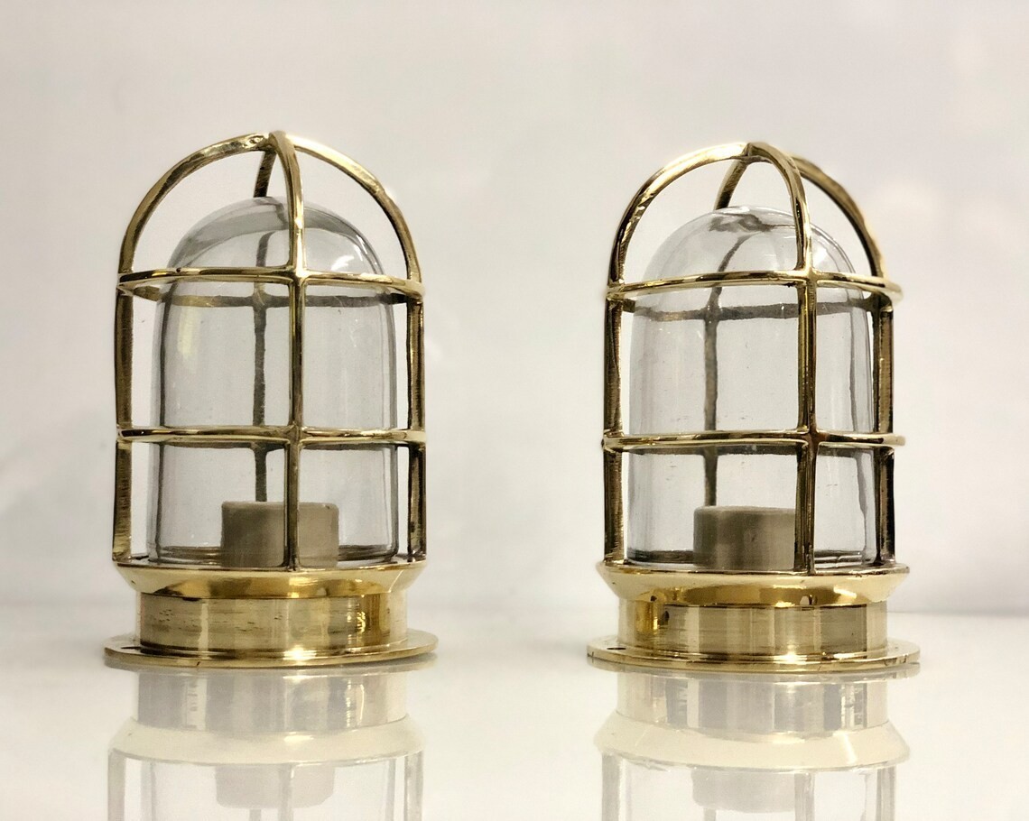 Solid Brass Nautical Bulkhead Light Marine Cage Wall Ceiling Lamp Set of 2