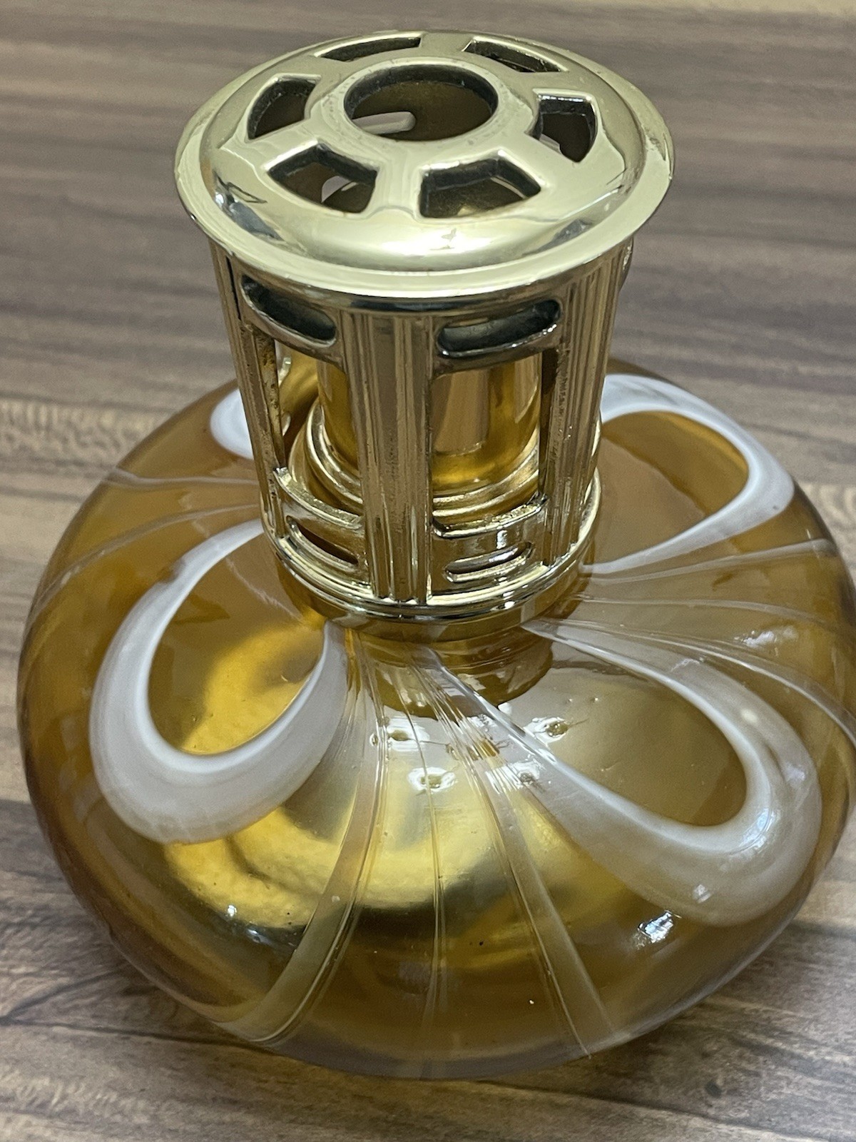Vintage Lamp Berger?  Glass Oil Lamp w/ Amber White Swirl 4.5”