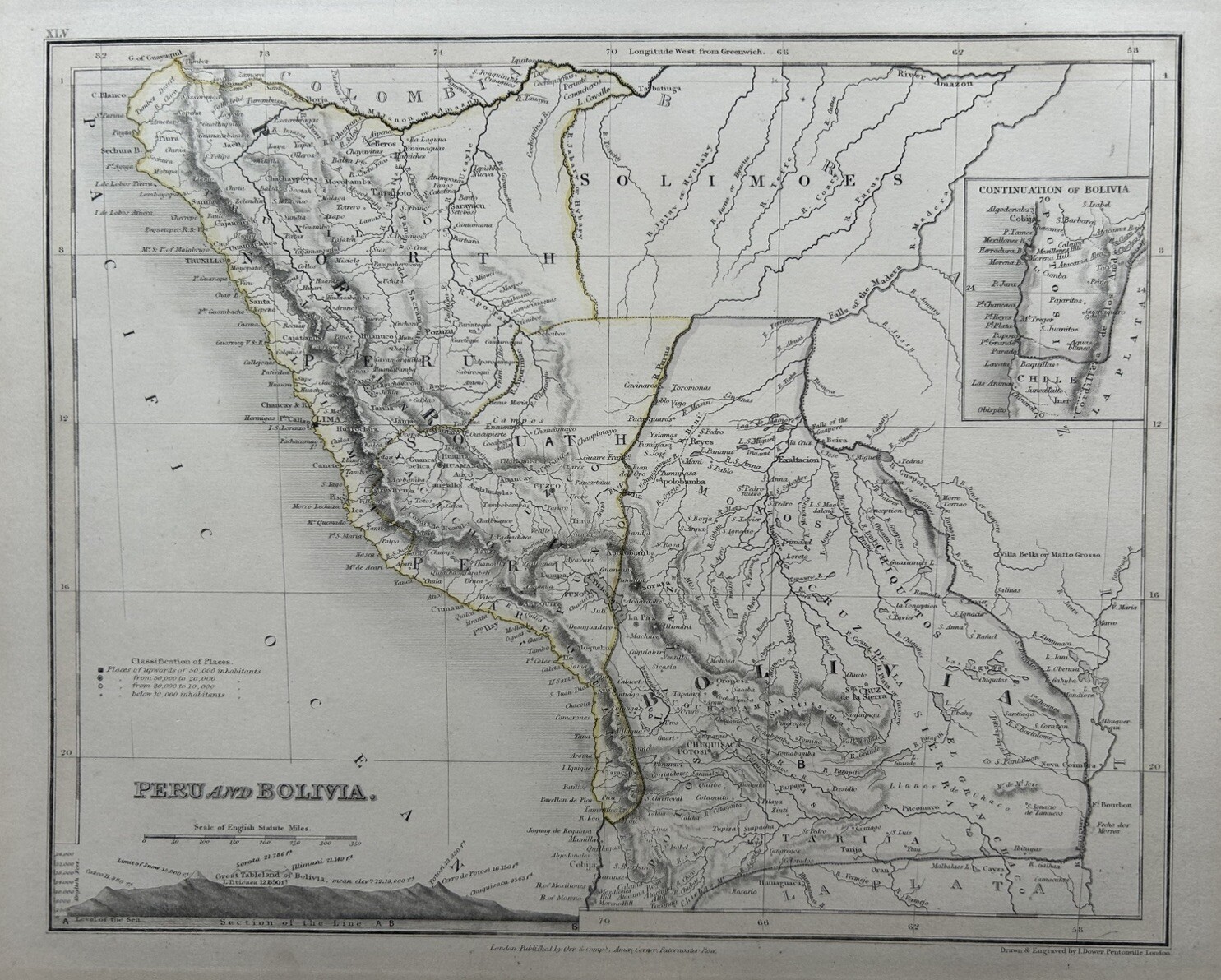 1850 Peru & Bolivia Hand Coloured Antique Map By John Dower Showing Mountains