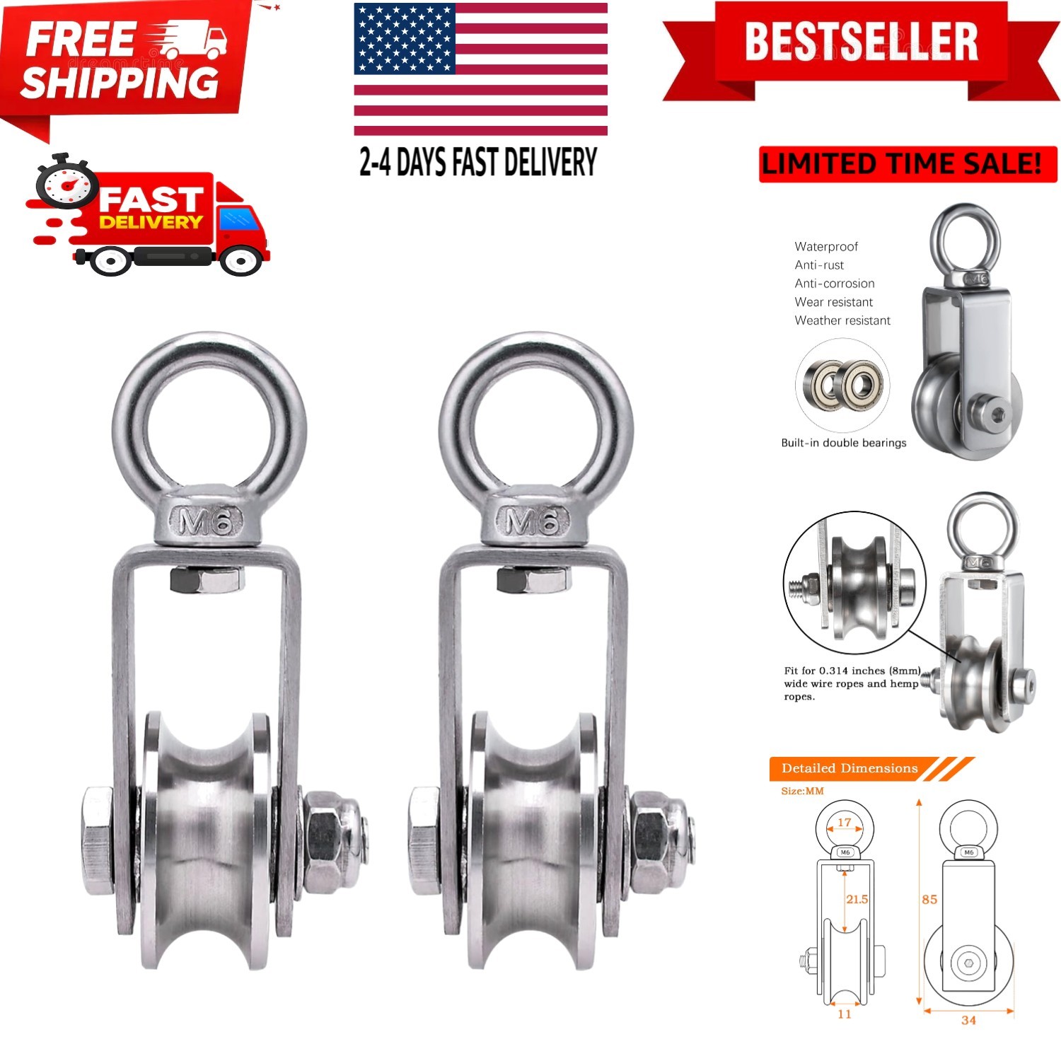 Cable Pulley Wheel Stainless Steel, Bearing Inside, Silent and Smooth, Rope P...