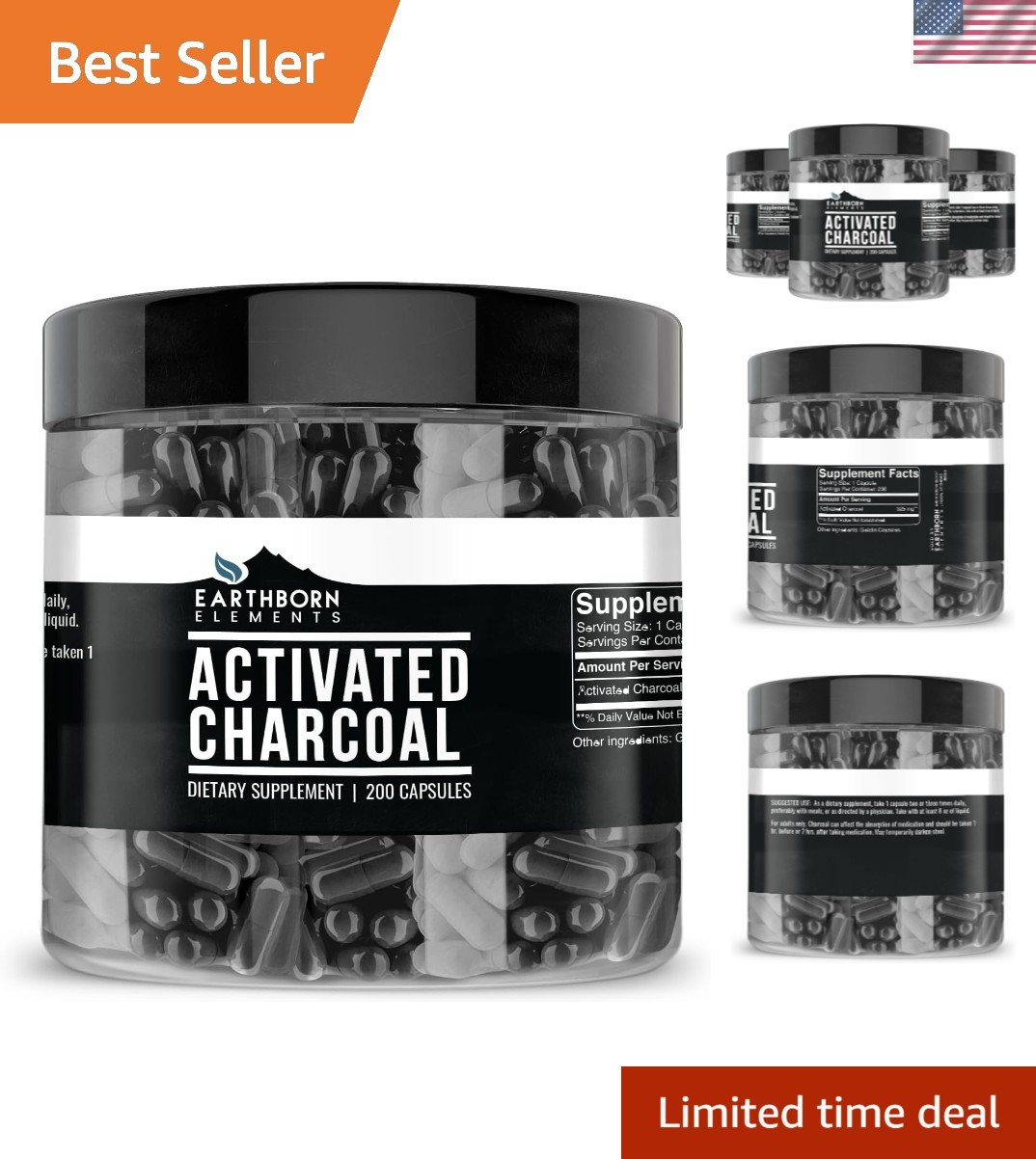 Activated Charcoal Capsules, 200 Capsules, Odorless & Non-Toxic Powder