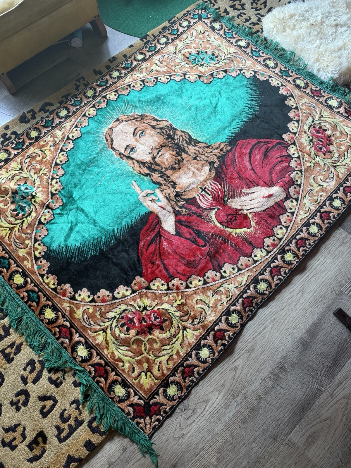 Vintage Jesus Sacred Heart Tapestry 60” x 46”