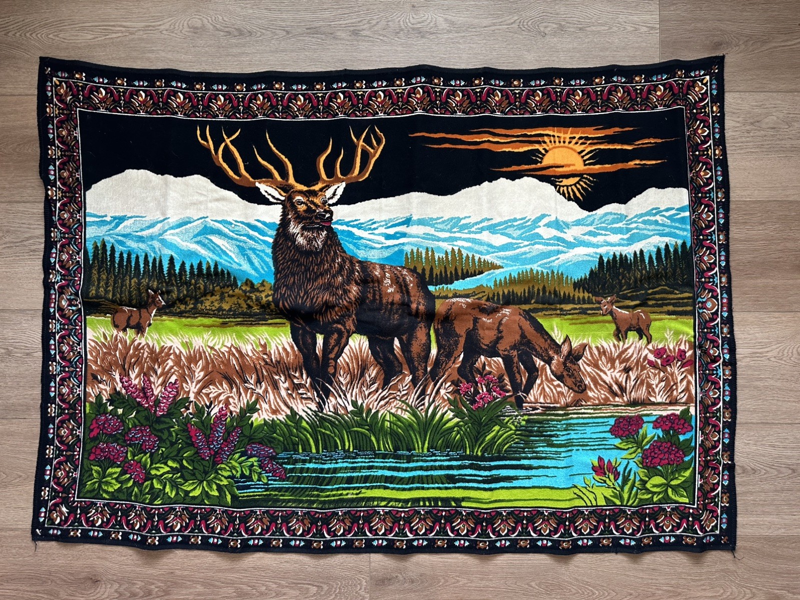 1970’s Velvet Tapestry Rug Wall Hanging Deer Doe Fawn River Mountains 57x39.5 