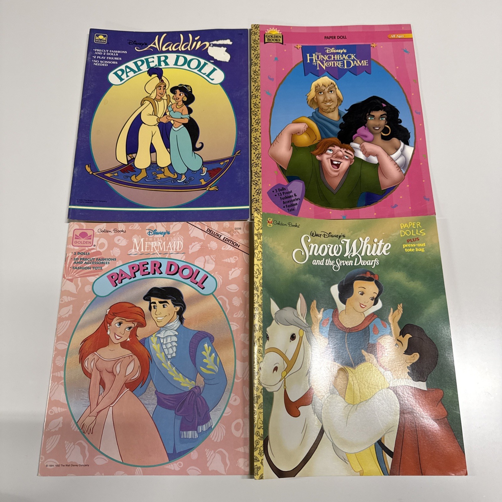 Golden Book Disney Paper Doll Book Lot Little Mermaid, Aladdin, Snow White