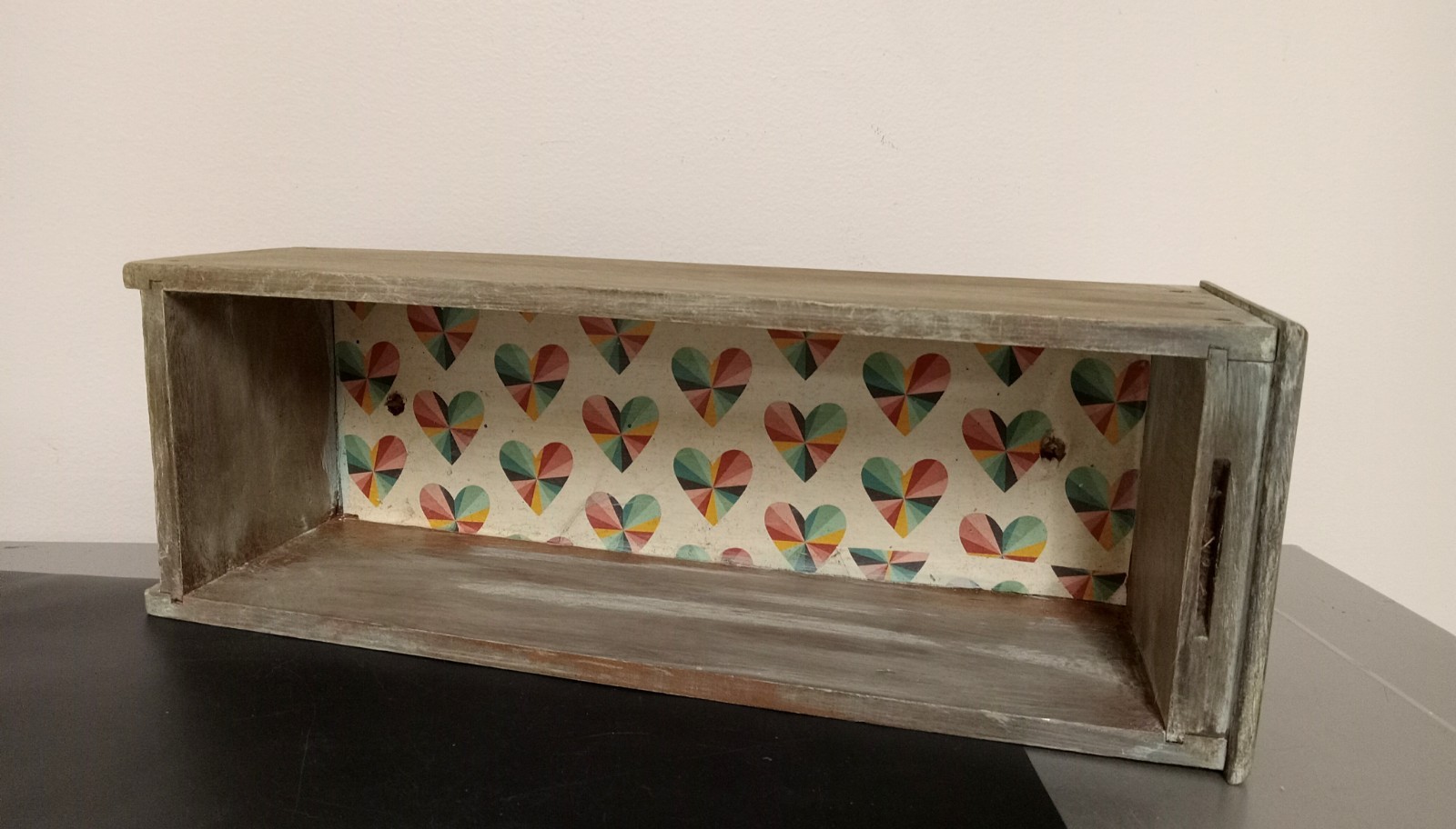 Vintage  Sewing Machine Wooden Drawer Painted And Lined/rainbow Hearts/shelf