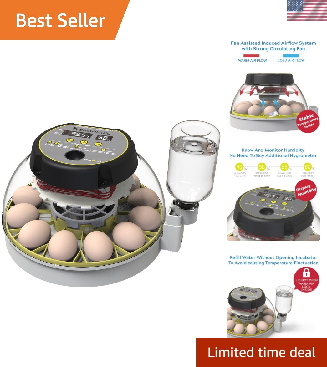 Efficient 12 Egg Incubator: Automatic Turner & Humidity Display for Chickens