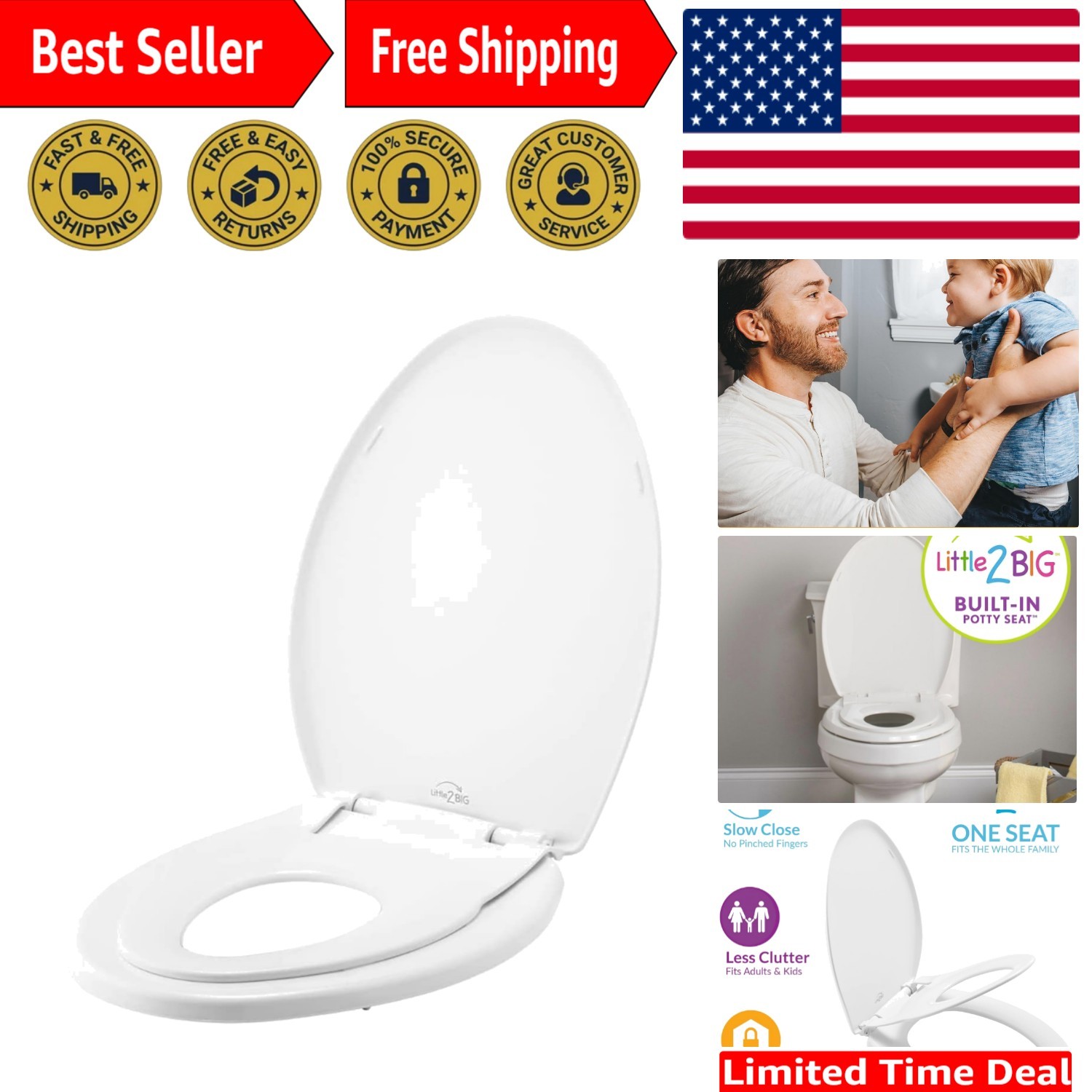 Little2Big Toilet Seat with Built-In Toddler Potty Training Seat, Slow Close,...