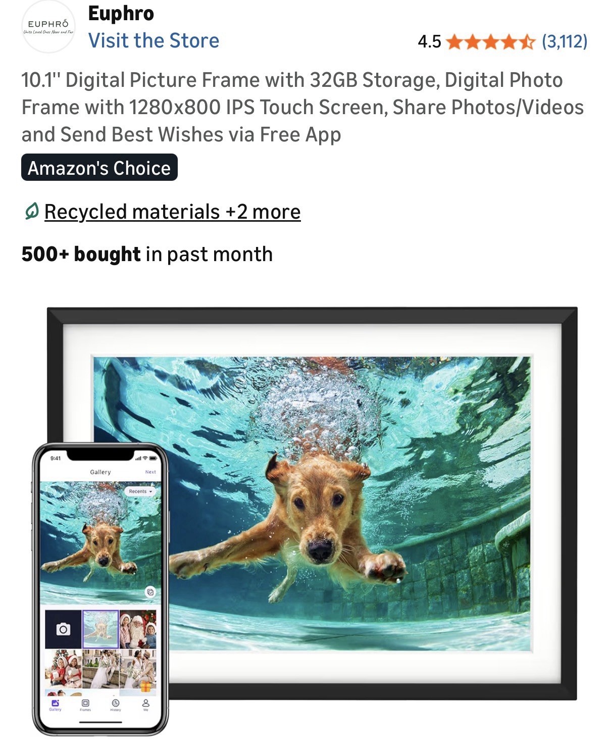 EUPHRO 10.1'' Digital Picture Frame with 32GB Storage 1280X80 IPS Touch WIFI APP