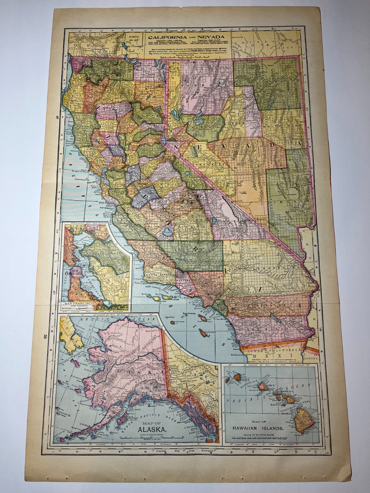 1903 CALIFORNIA & NEVADA State Map Fm 1903 Peerless World Atlas SEE DESCRIP