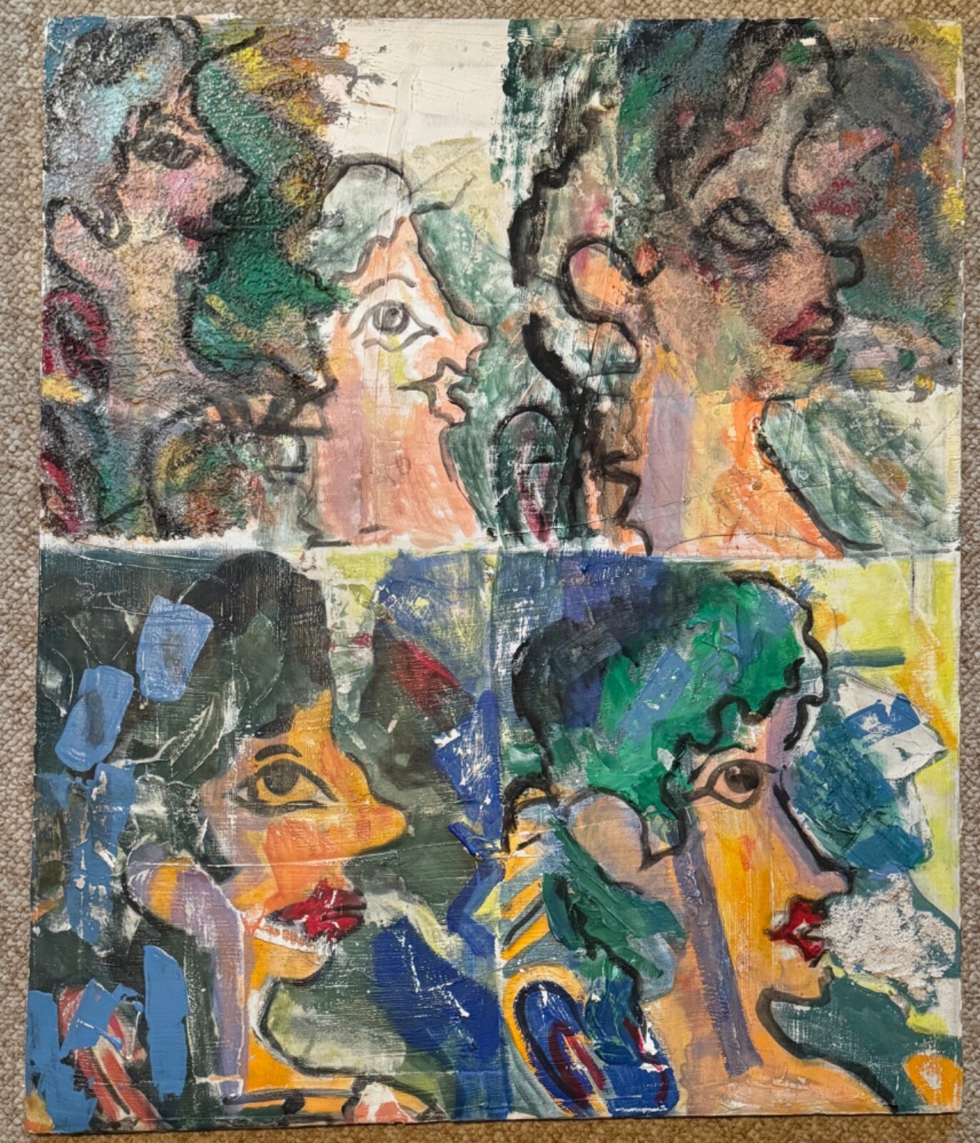 Vintage Textured Abstract Figural Heads Painting Mixed Media Art Signed Pollack