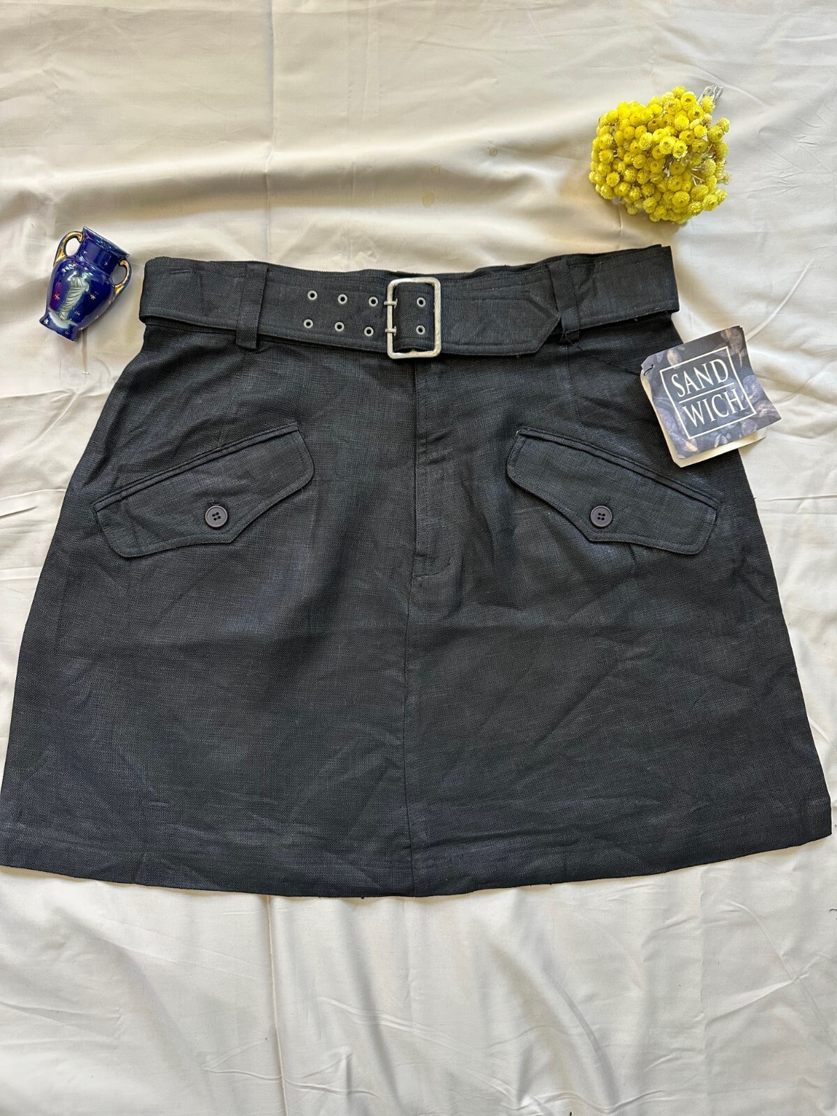 Black Sandwich Linen-Cotton Hip-Hugger Skirt with Matching Belt – Size 44/14